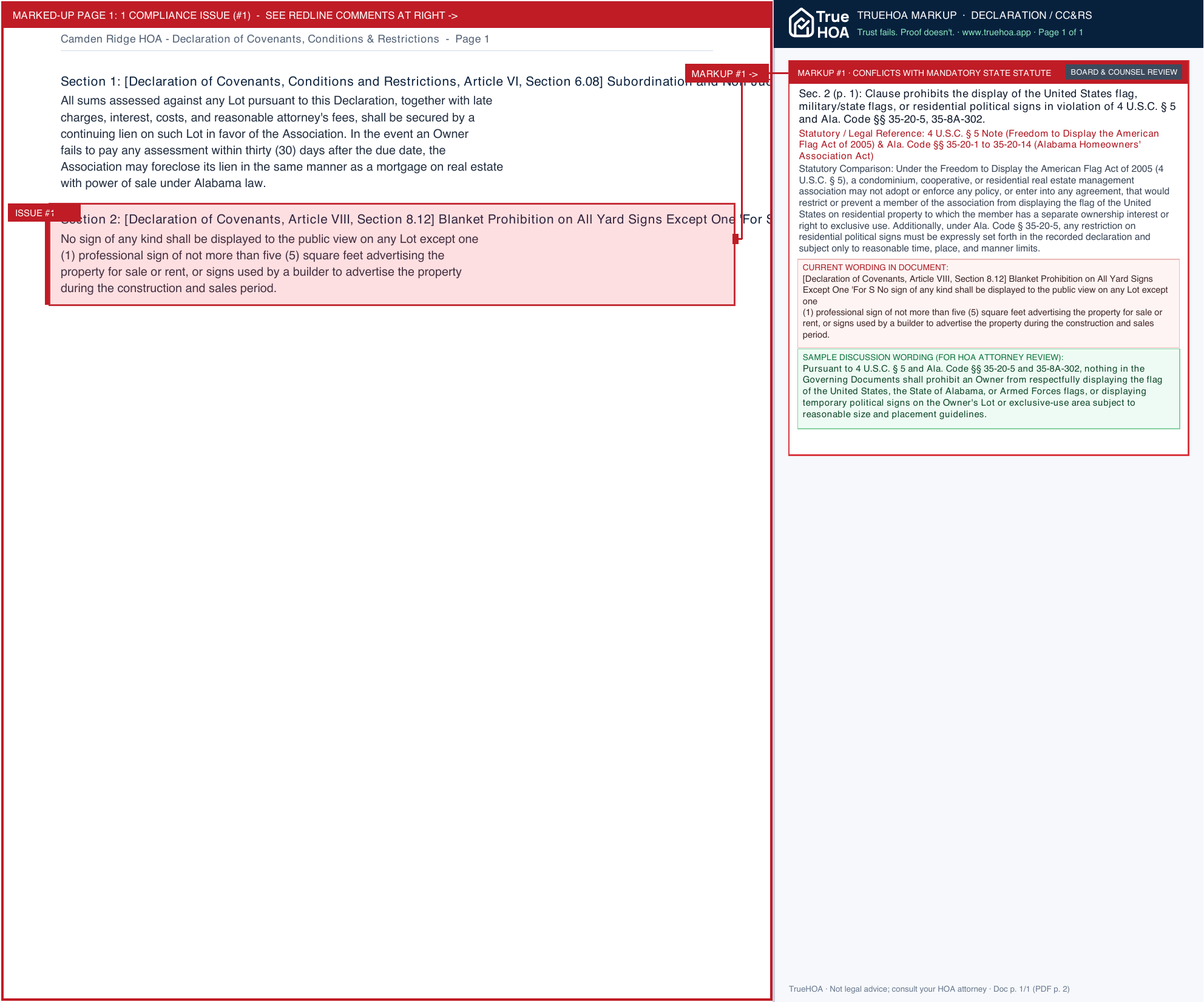 Camden Ridge HOA Declaration of Covenants, Conditions & Restrictions page 1 widened with TrueHOA Crystal AI margin annotations