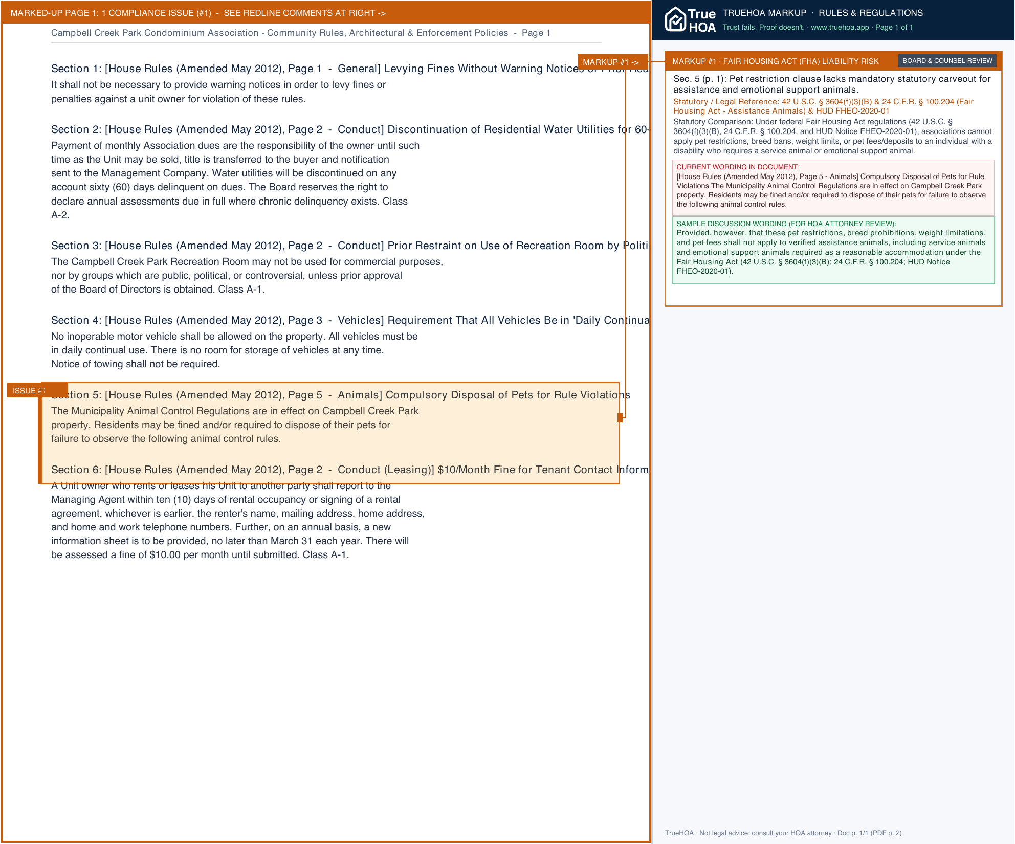 Campbell Creek Park Condominium Association Community Rules, Architectural & Enforcement Policies page 1 widened with TrueHOA Crystal AI margin annotations