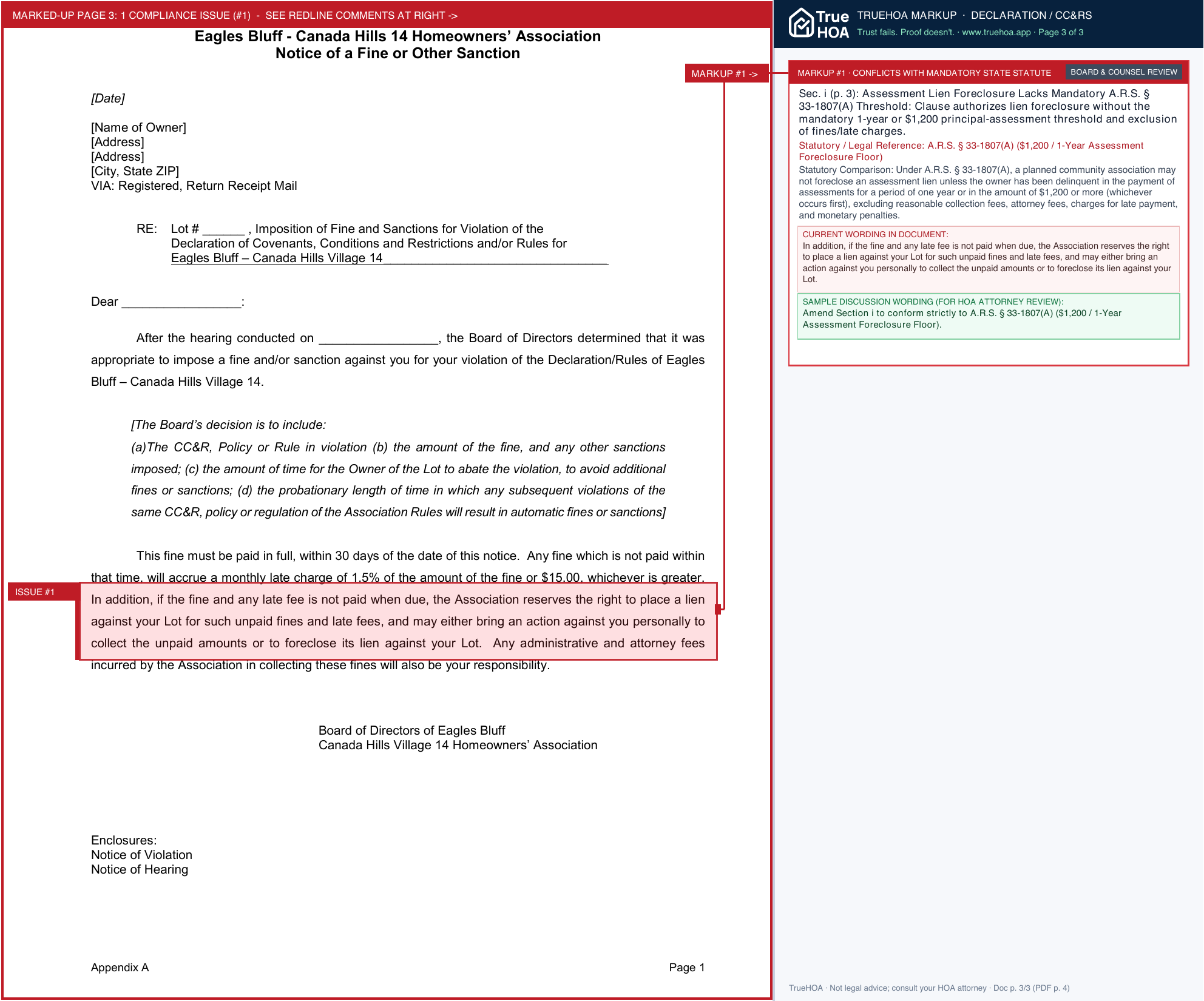 Eagles Bluff HOA 2019 02 Imposition of a Fine or Other Sanction Enacted page 3 widened with TrueHOA Crystal AI margin annotations
