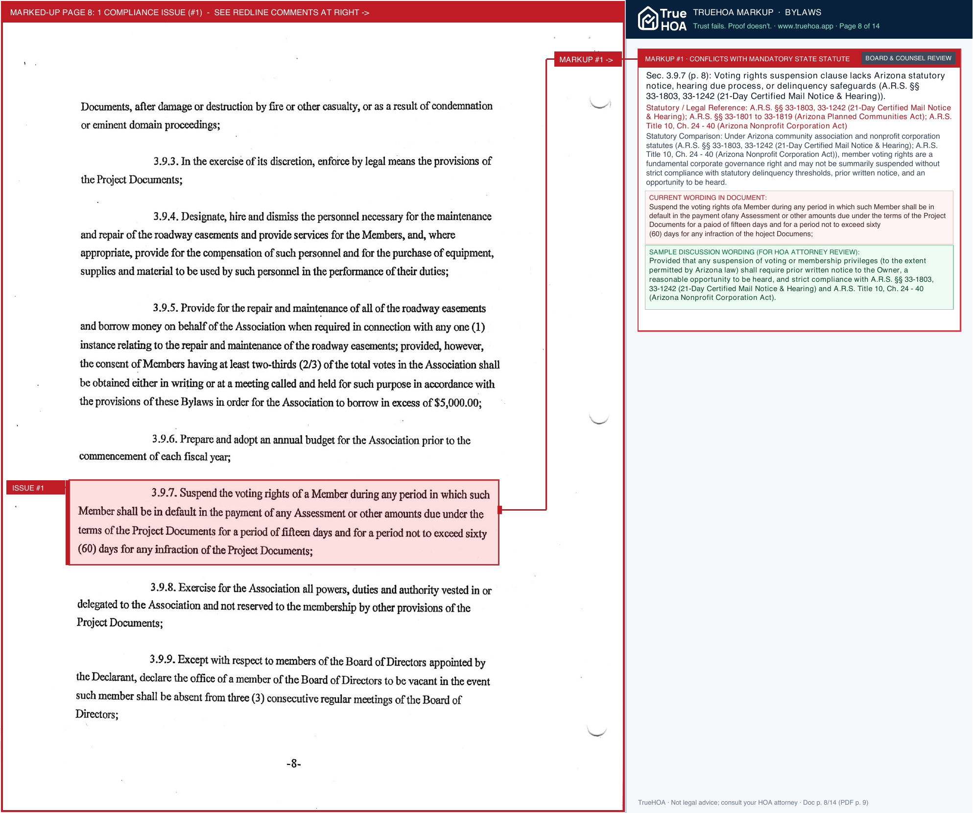 Prescott Prairie HOA Association Bylaws page 8 widened with TrueHOA Crystal AI margin annotations