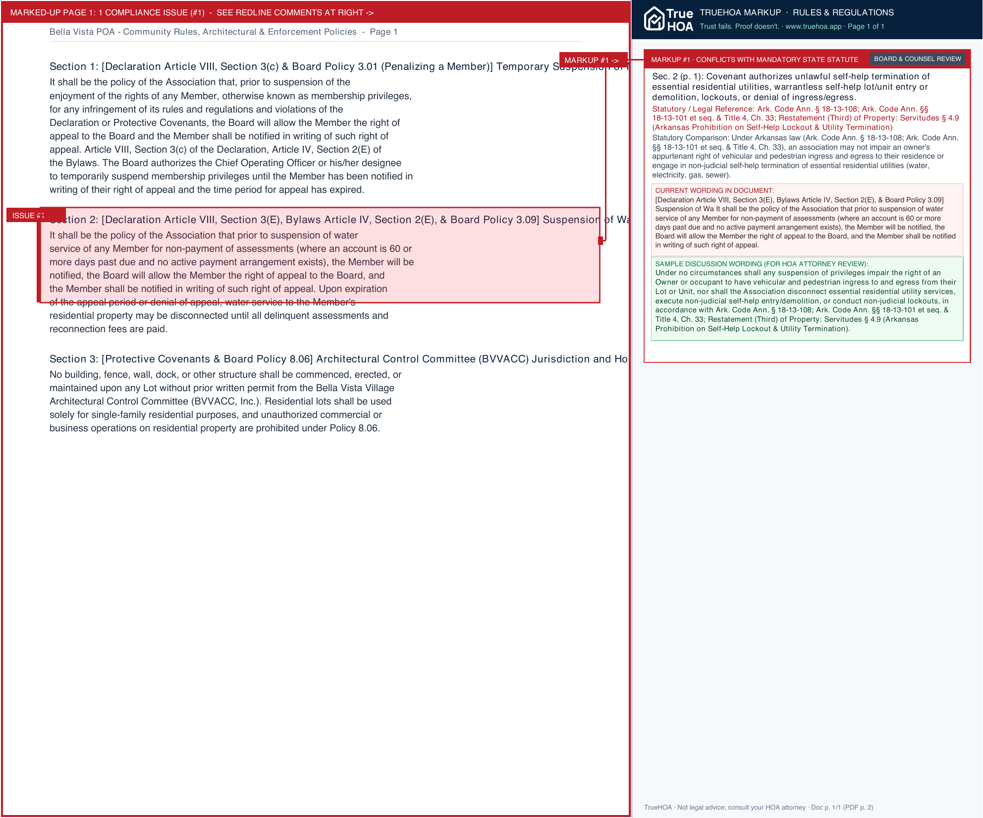 Bella Vista POA Community Rules, Architectural & Enforcement Policies page 1 widened with TrueHOA Crystal AI margin annotations