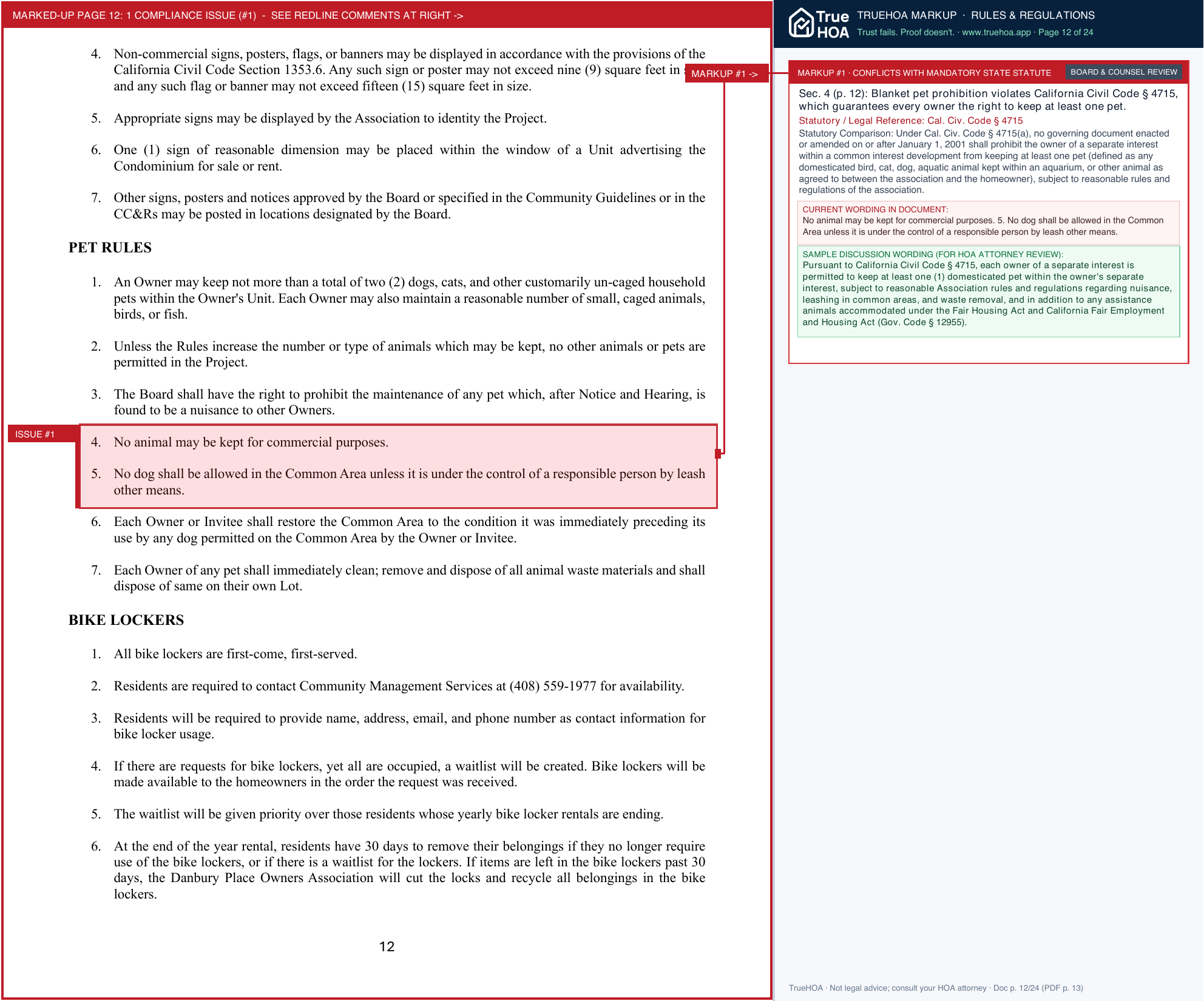 Danbury Place HOA Community Rules And Regulations page 12 widened with TrueHOA Crystal AI margin annotations