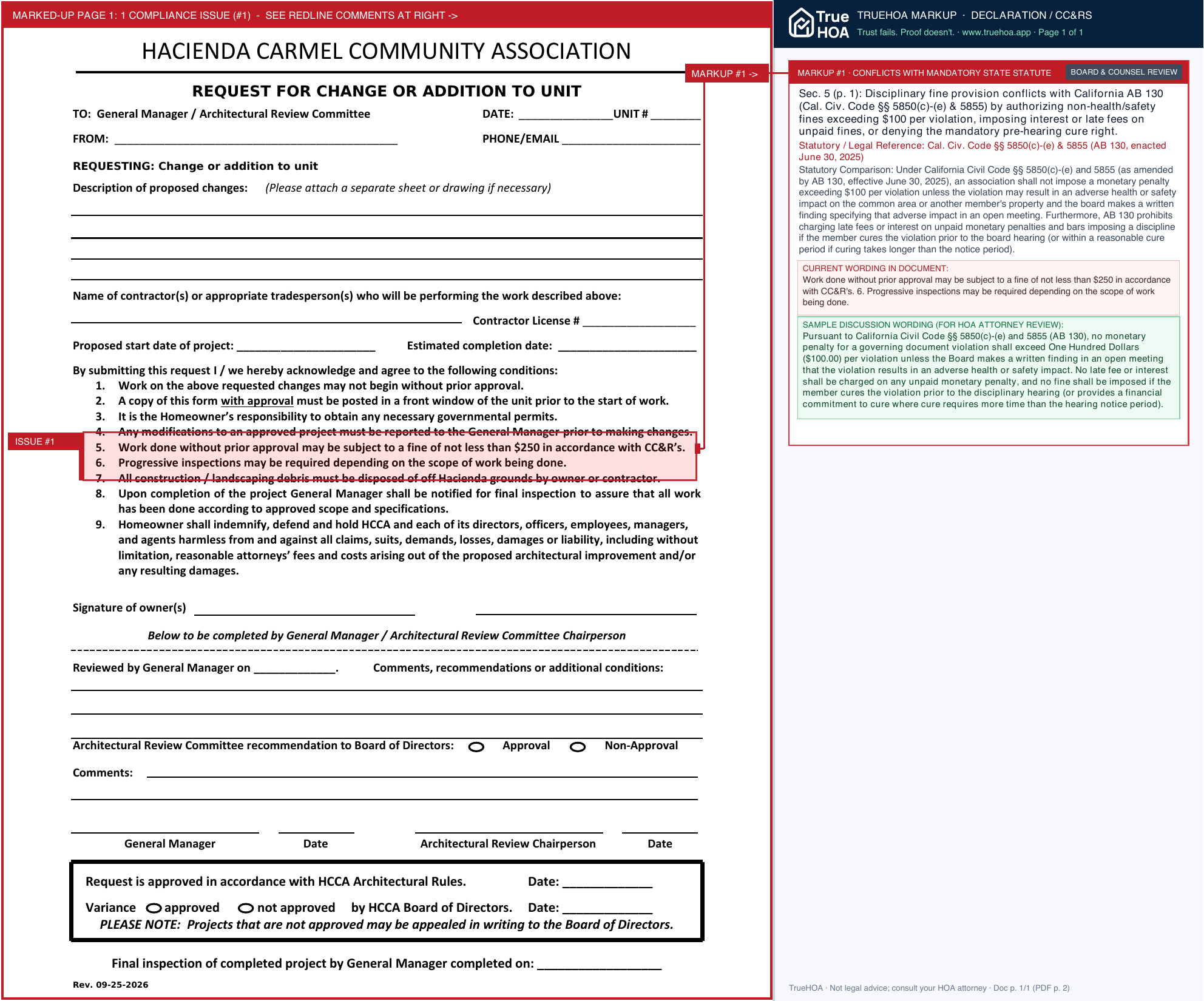 Hacienda Carmel Community Association HCCA Request for Change or Addition to Unit page 1 widened with TrueHOA Crystal AI margin annotations