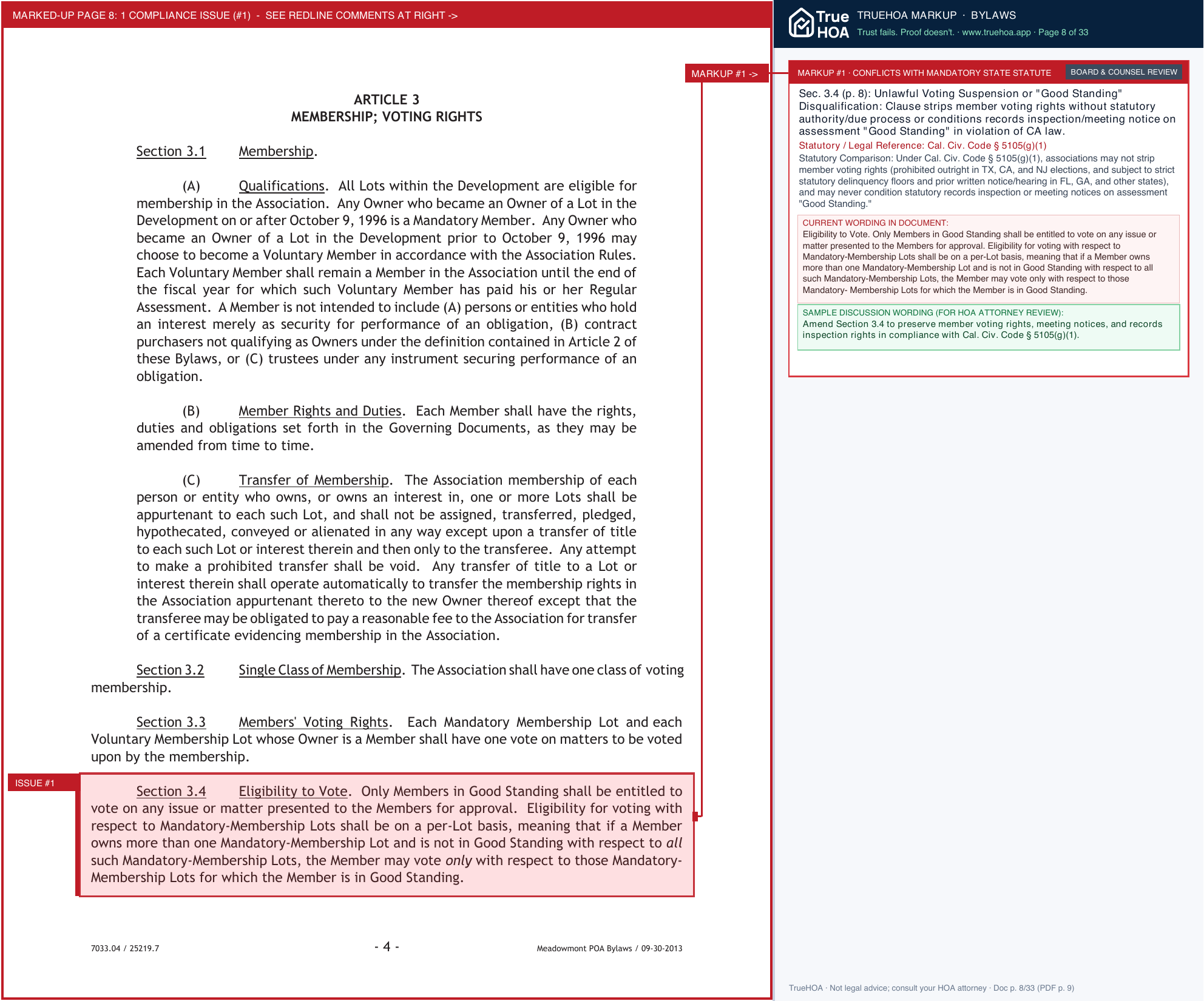 Meadowmont Property Owner's Association Meadowmont Bylaws page 8 widened with TrueHOA Crystal AI margin annotations