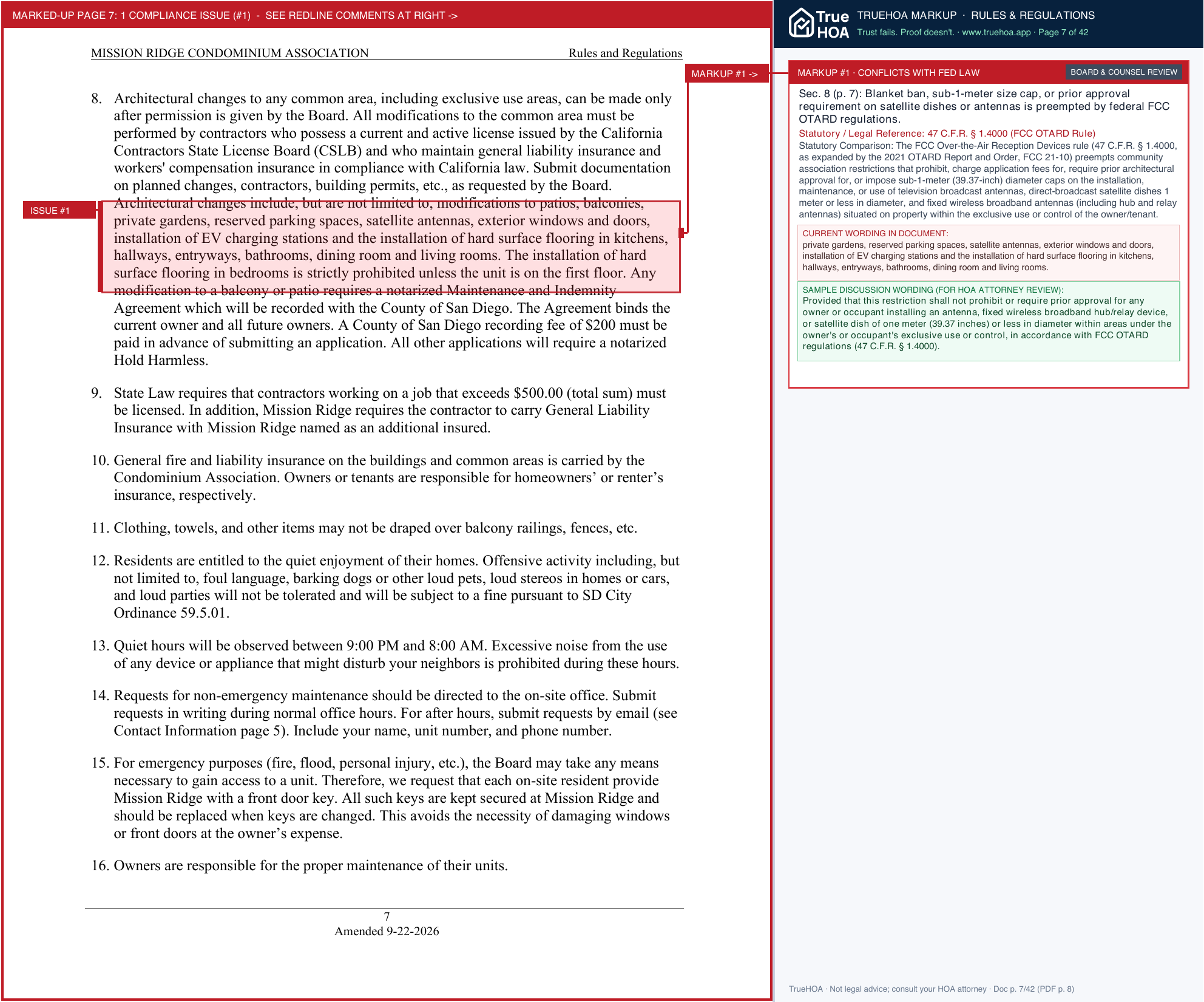 Mission Ridge HOA Rules And Regs Updated 22 September 2026 page 7 widened with TrueHOA Crystal AI margin annotations
