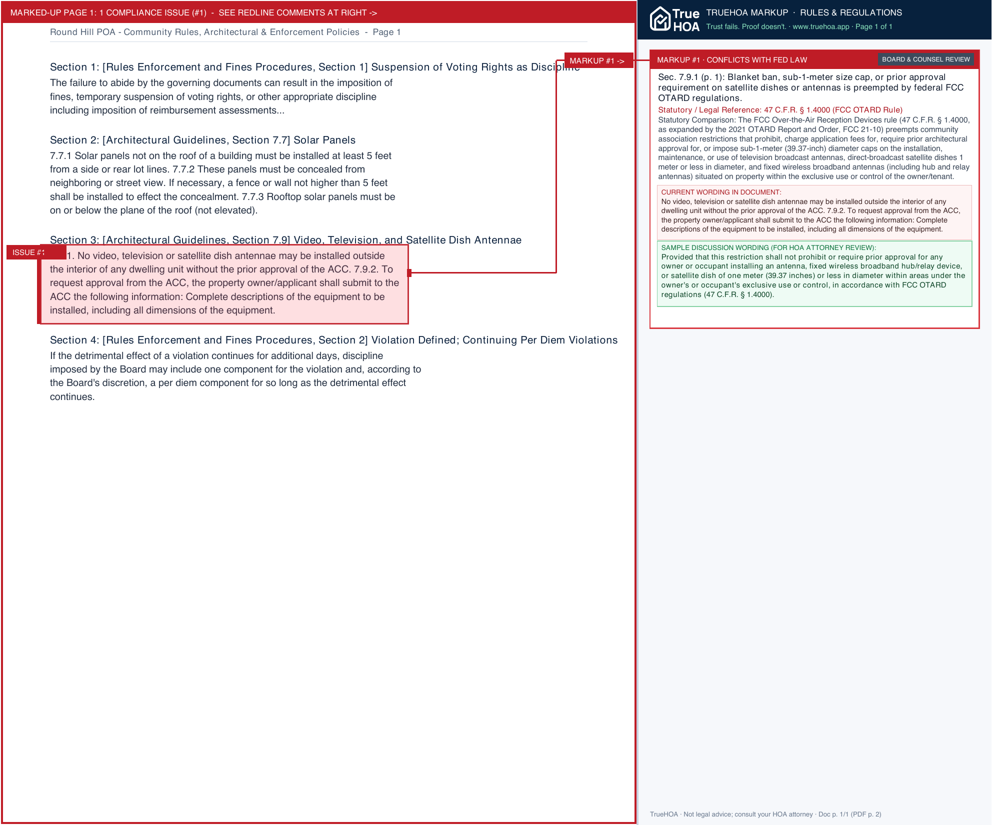 Round Hill POA Community Rules, Architectural & Enforcement Policies page 1 widened with TrueHOA Crystal AI margin annotations