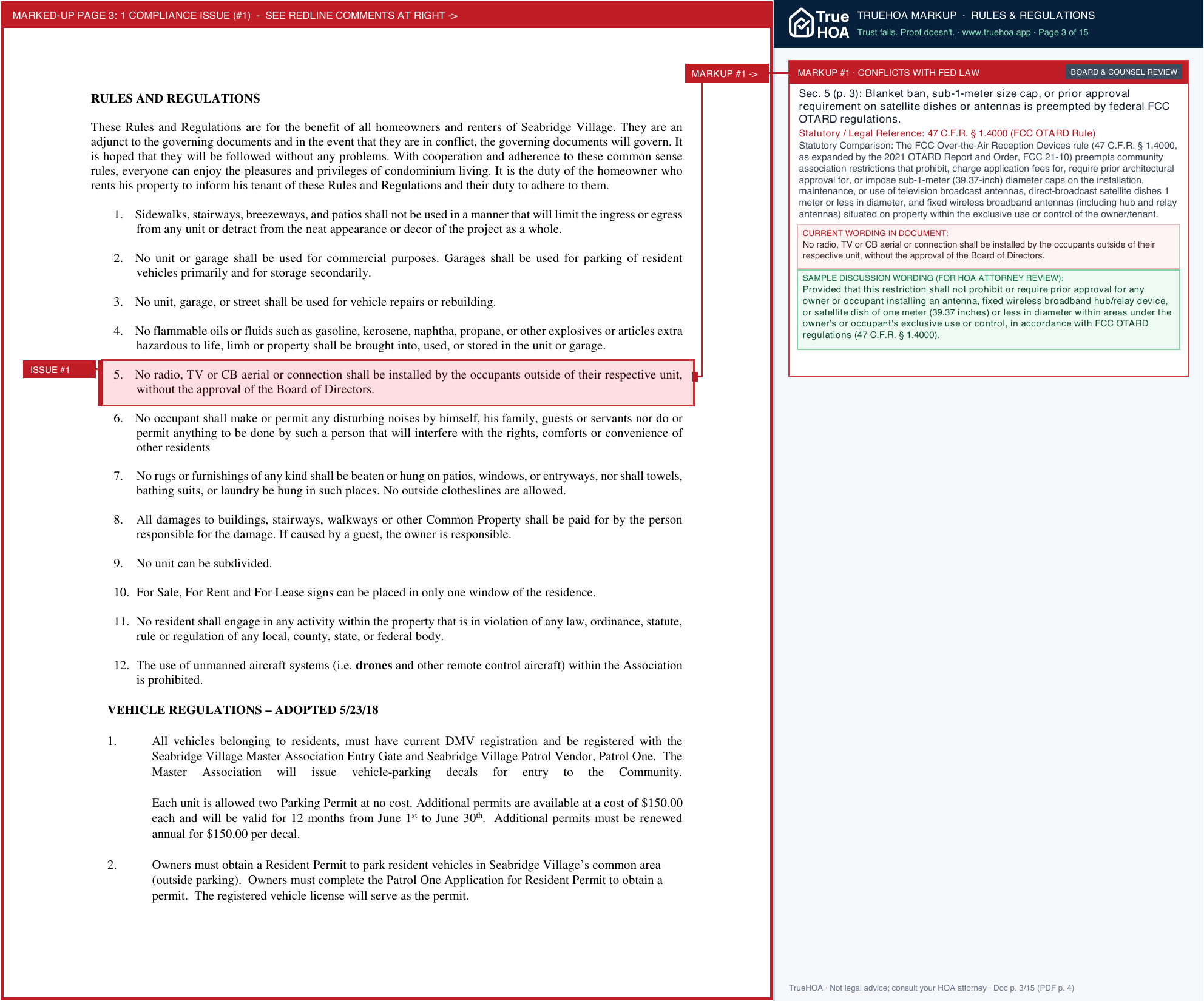 Seabridge Village HOA Seabridge Village Rules Regulations 1.23 page 3 widened with TrueHOA Crystal AI margin annotations