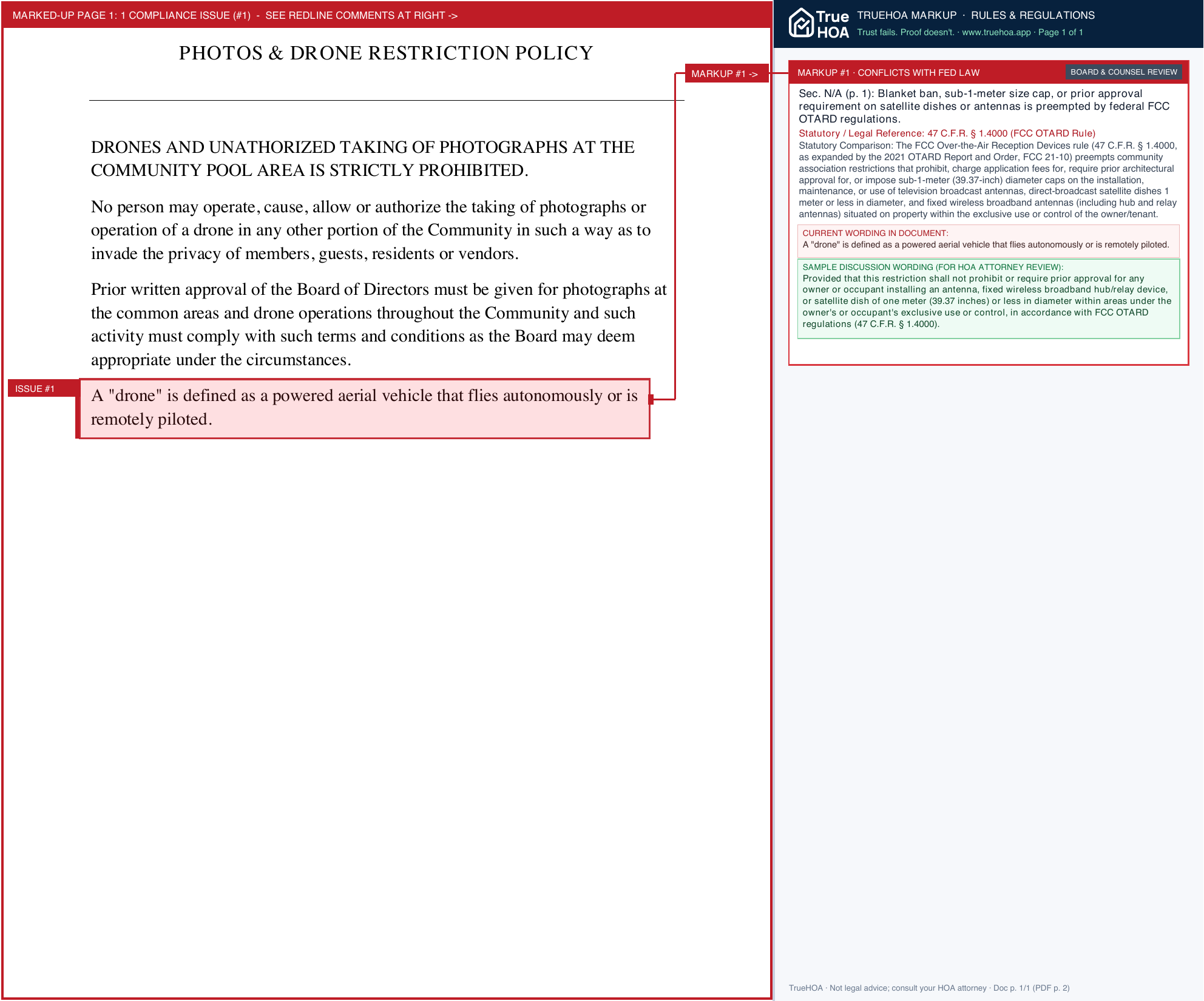 Wolf Creek HOA Drone And Photo Policy page 1 widened with TrueHOA Crystal AI margin annotations