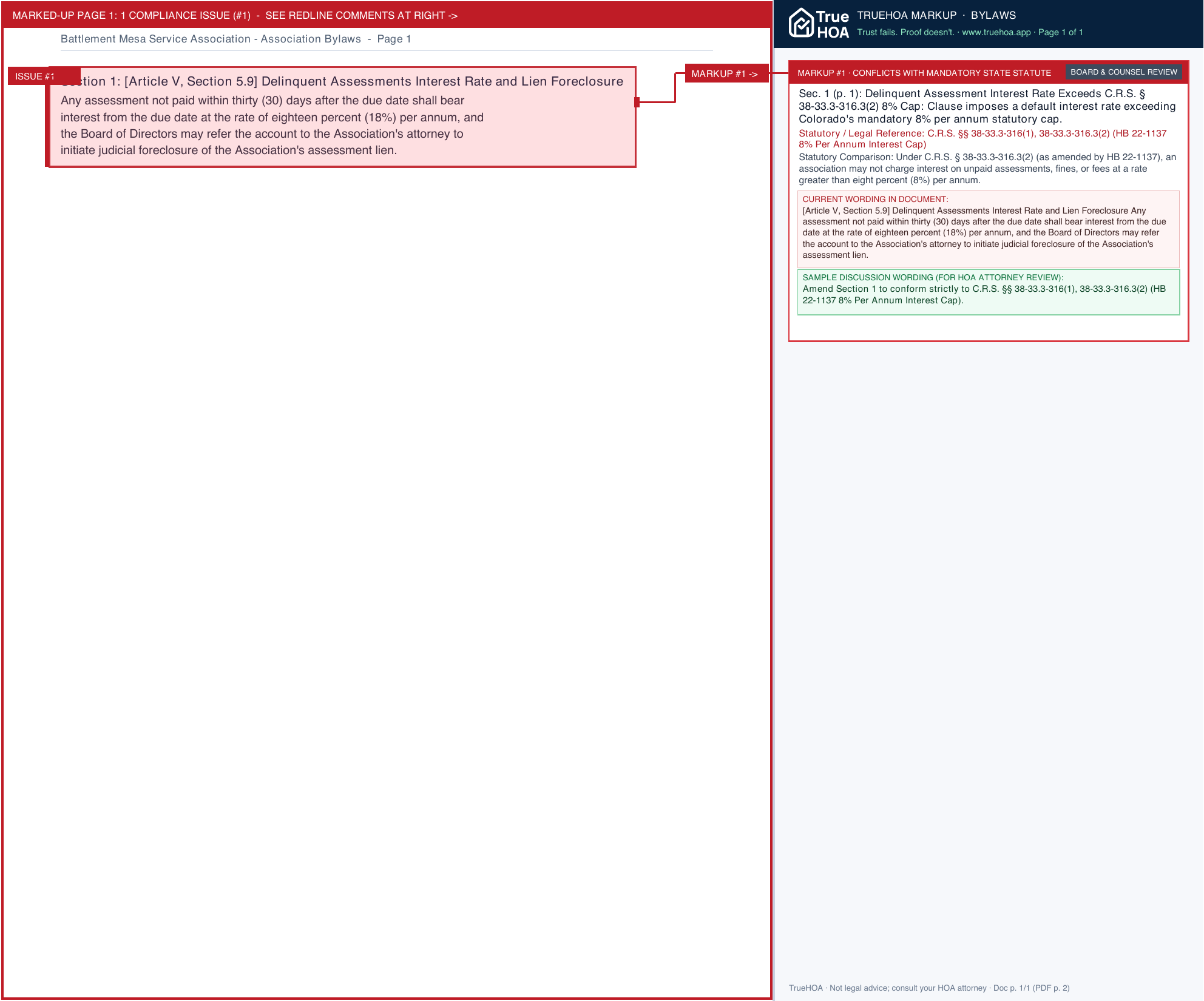 Battlement Mesa Service Association Association Bylaws page 1 widened with TrueHOA Crystal AI margin annotations