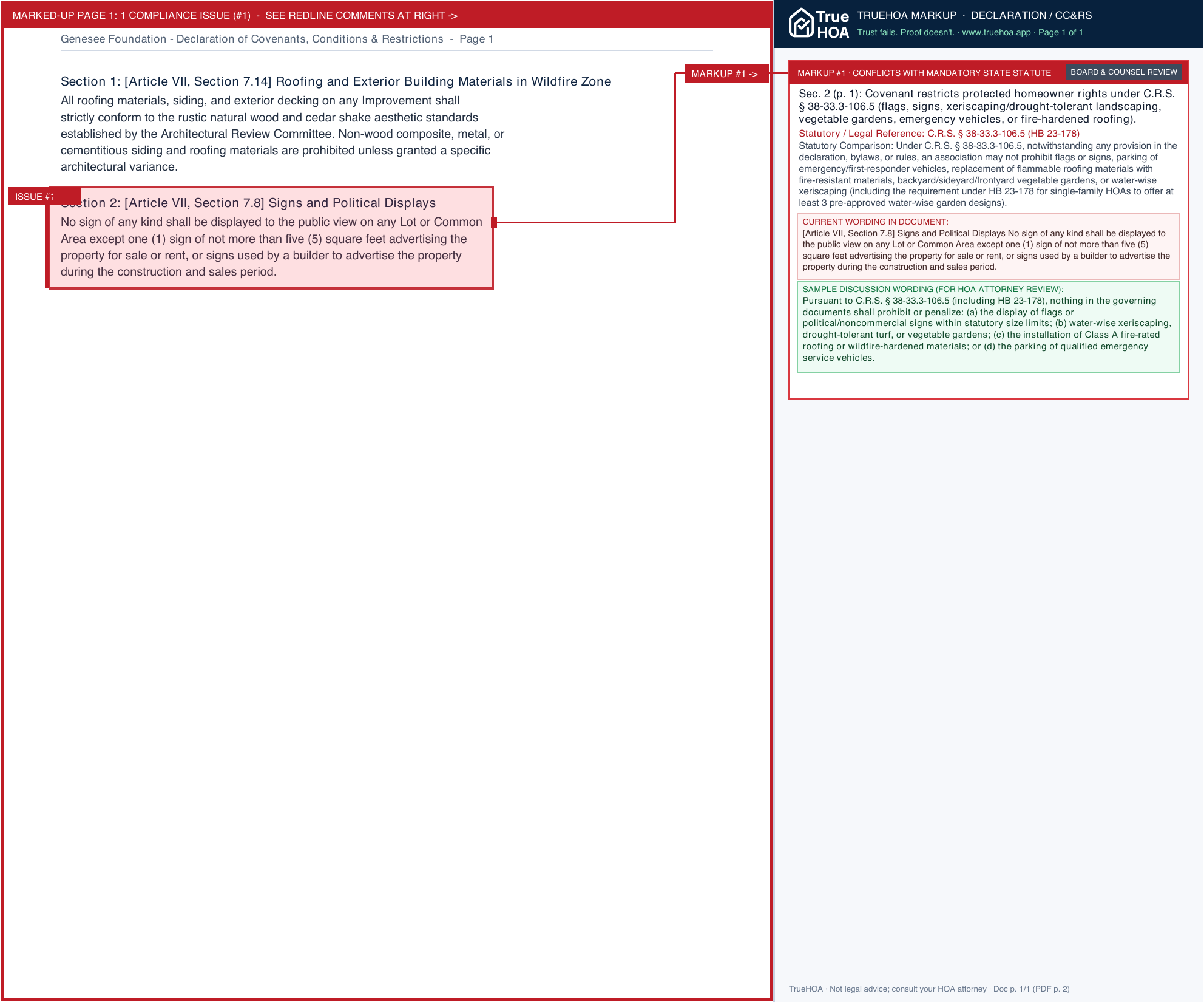 Genesee Foundation Declaration of Covenants, Conditions & Restrictions page 1 widened with TrueHOA Crystal AI margin annotations