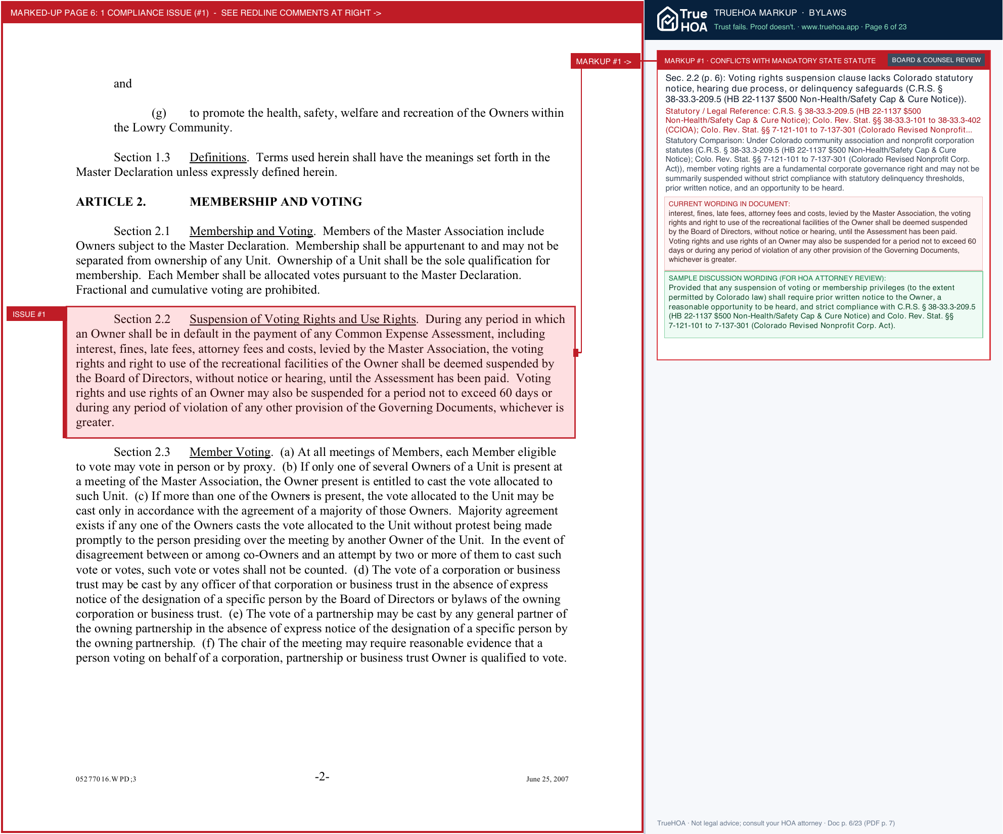 Lowry Community Master Association LCMA Bylaws page 6 widened with TrueHOA Crystal AI margin annotations