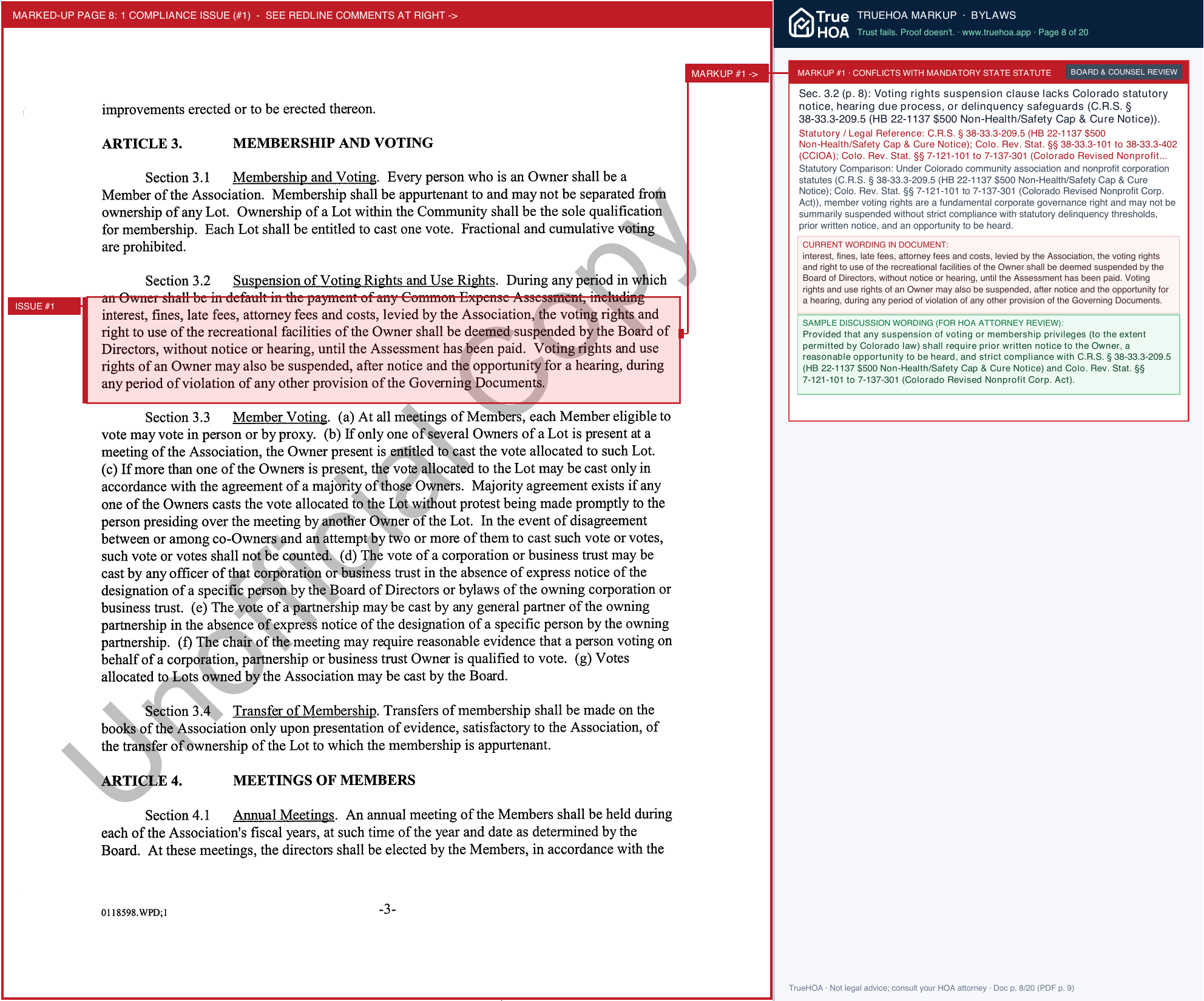 Nelson Farm HOA Association Bylaws page 8 widened with TrueHOA Crystal AI margin annotations