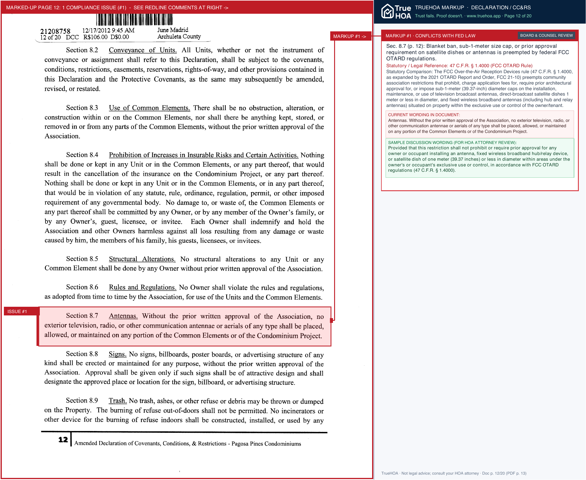 Pagosa Pines Condo Owners Association Pines COA Covenants, Conditions and Restrictions page 12 widened with TrueHOA Crystal AI margin annotations