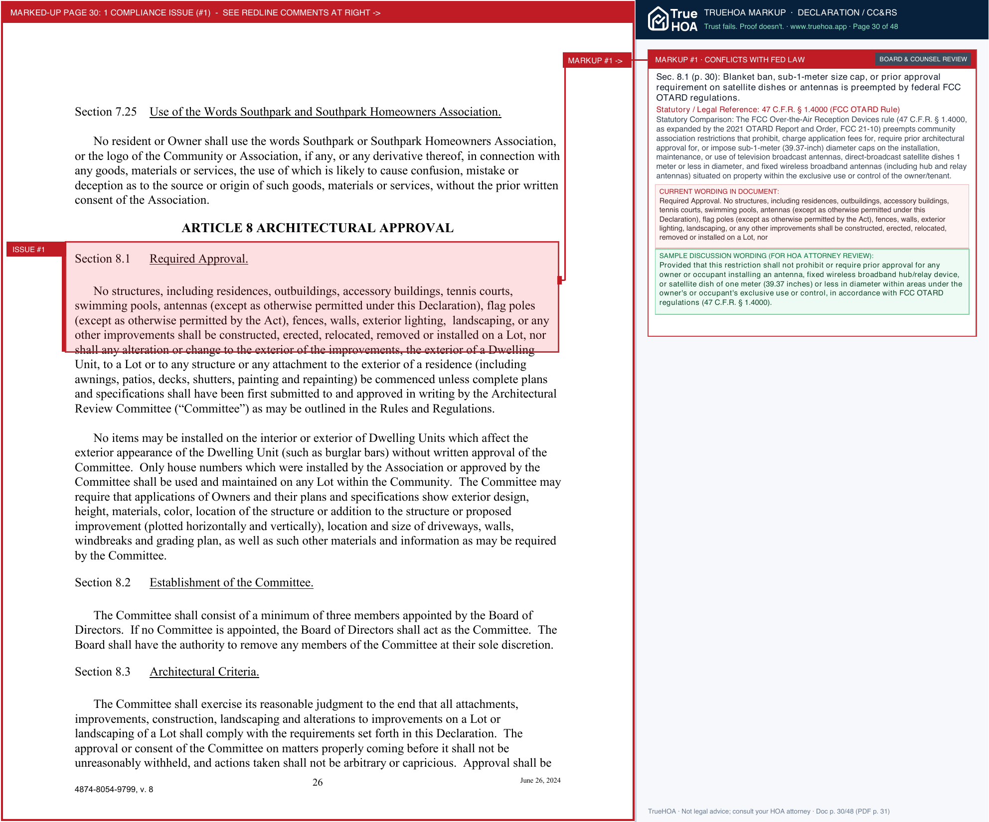 Southpark HOA A R Declaration Revised Final 4874 8054 9799 v.8 page 30 widened with TrueHOA Crystal AI margin annotations
