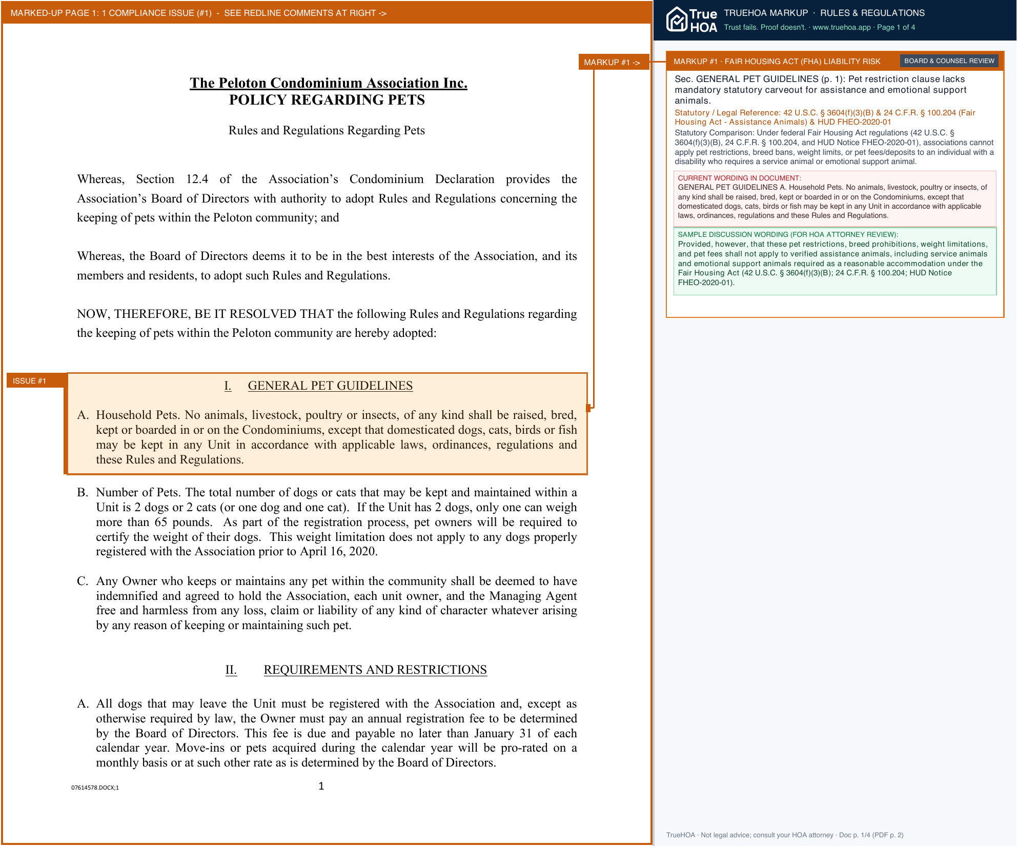 The Peloton Condominium Association Policy Regarding Pets 01 19 2023 3 page 1 widened with TrueHOA Crystal AI margin annotations