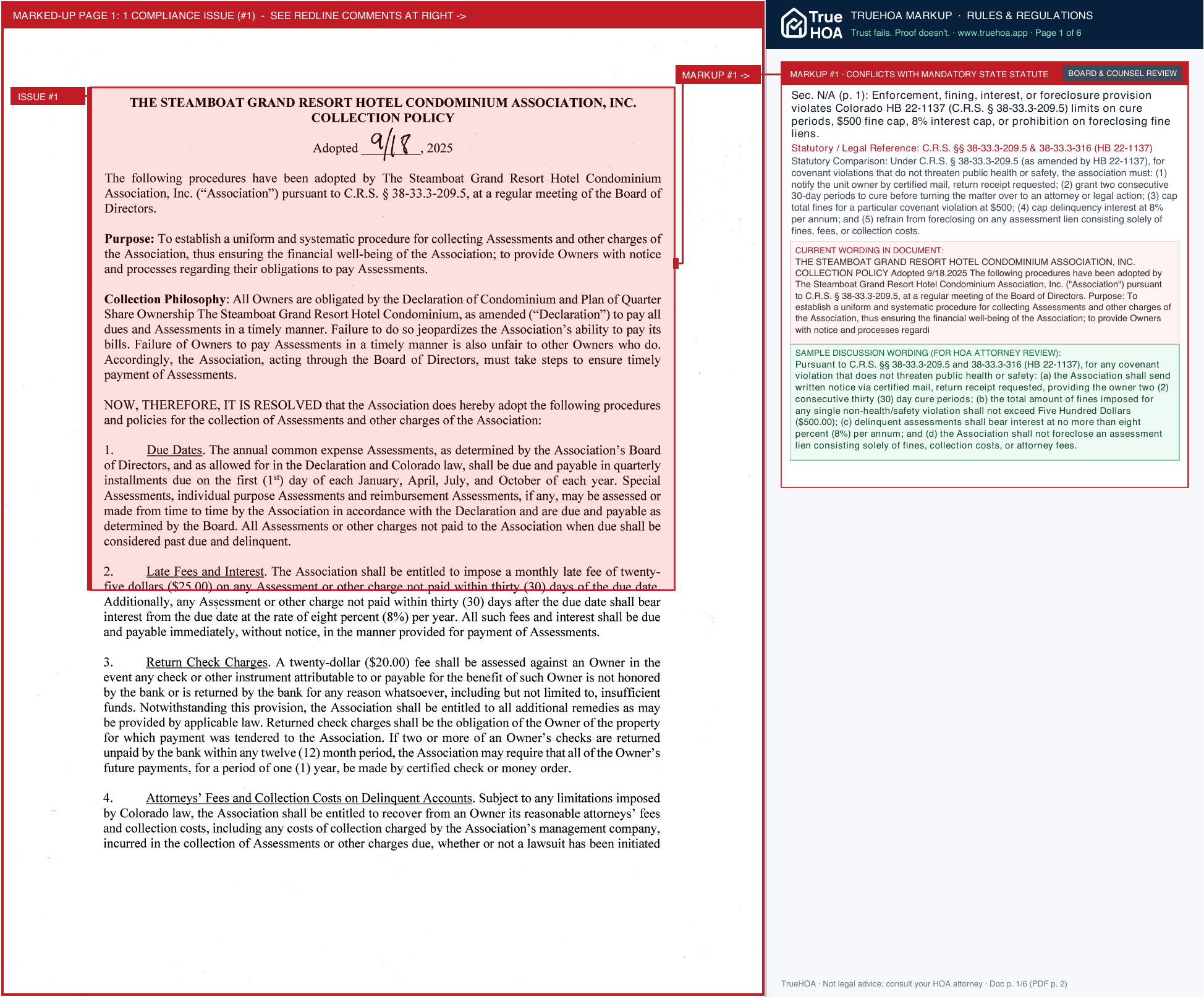 The Steamboat Grand Condominium Association SG HOA Collection Policy 10 01 25 page 1 widened with TrueHOA Crystal AI margin annotations