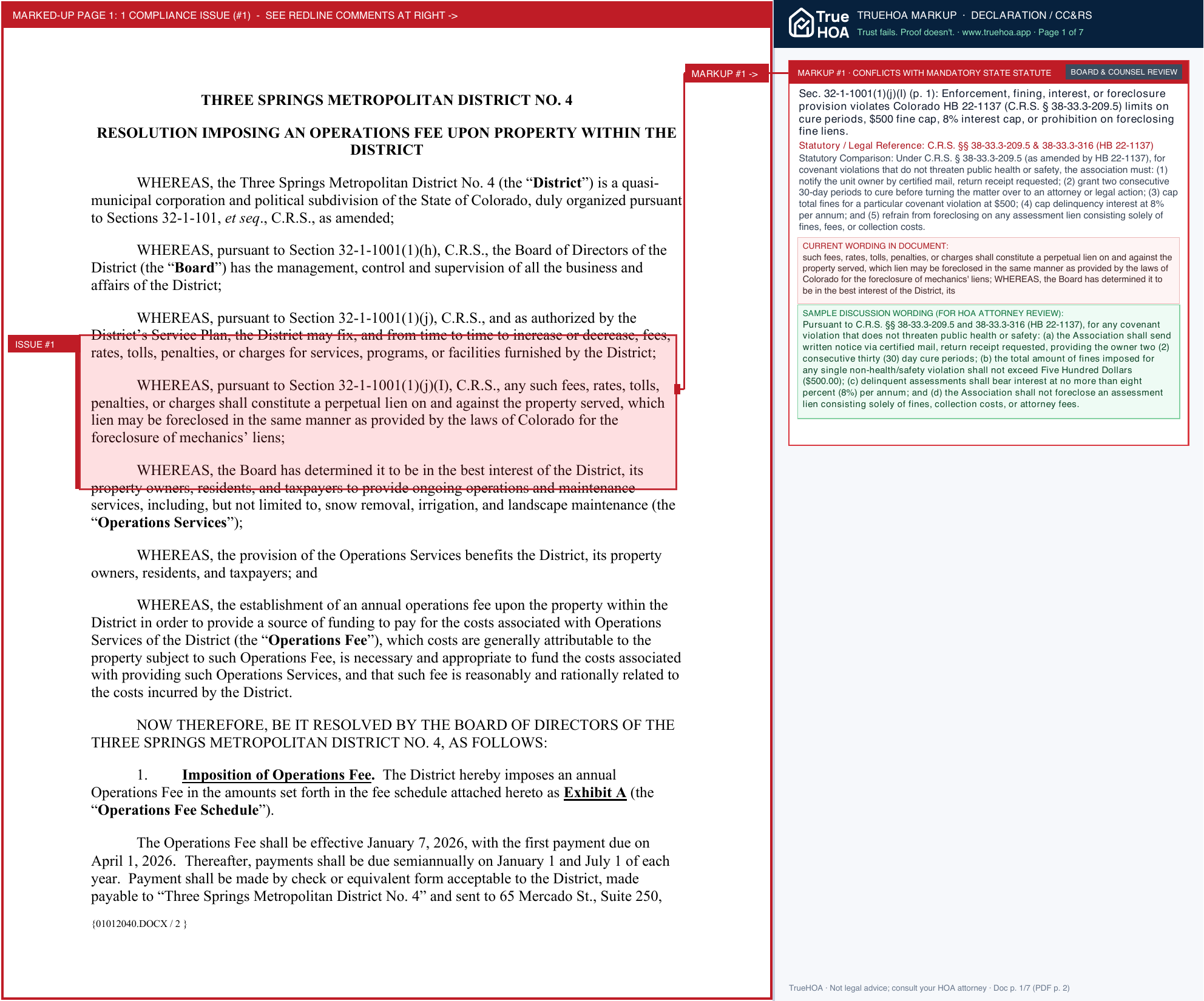 Three Springs Master & Residential Association Resolution Md 4 Operations Fee 2026 01 07 Signed page 1 widened with TrueHOA Crystal AI margin annotations
