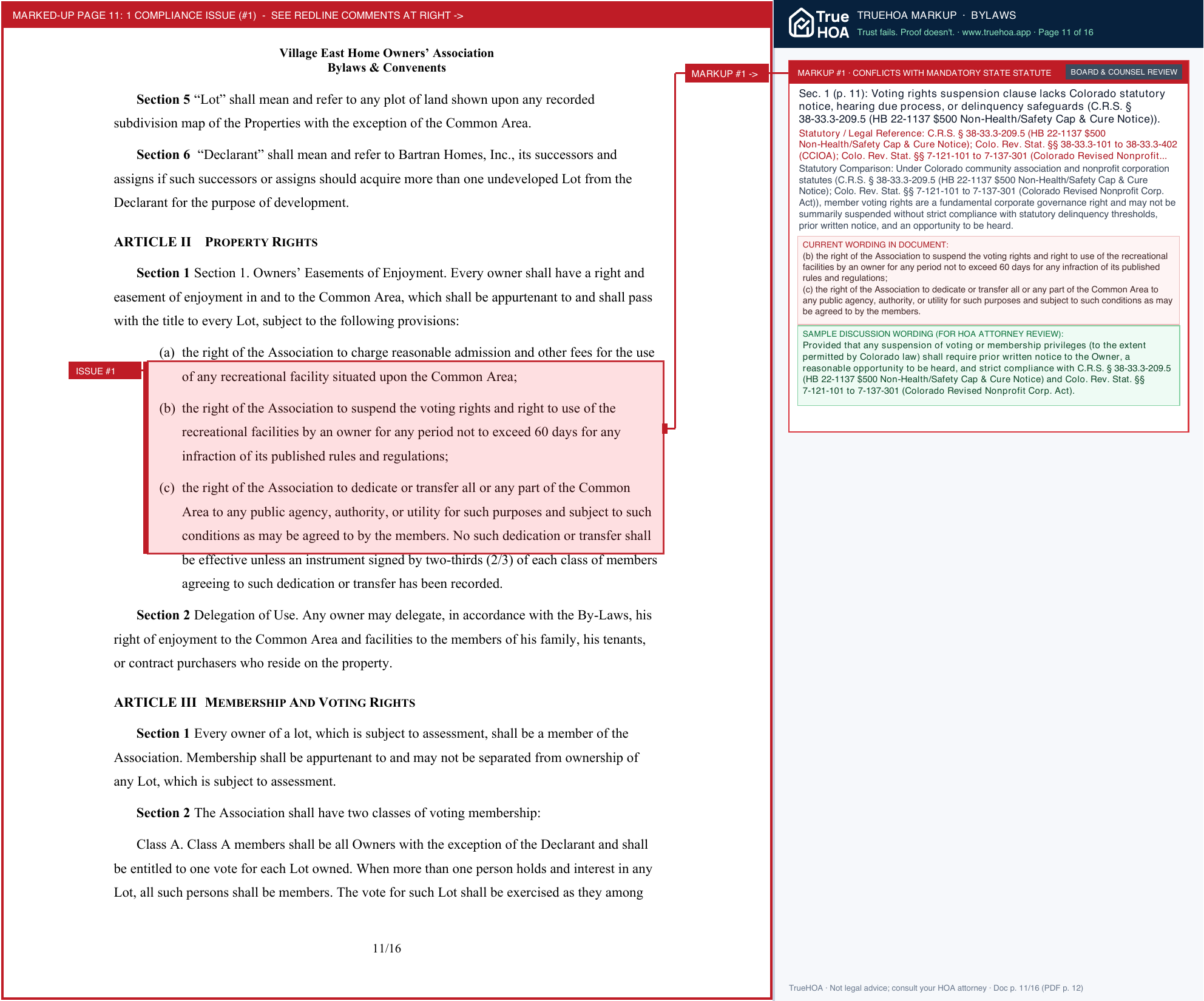 Village East HOA VEHOA Bylaws Covenants page 11 widened with TrueHOA Crystal AI margin annotations