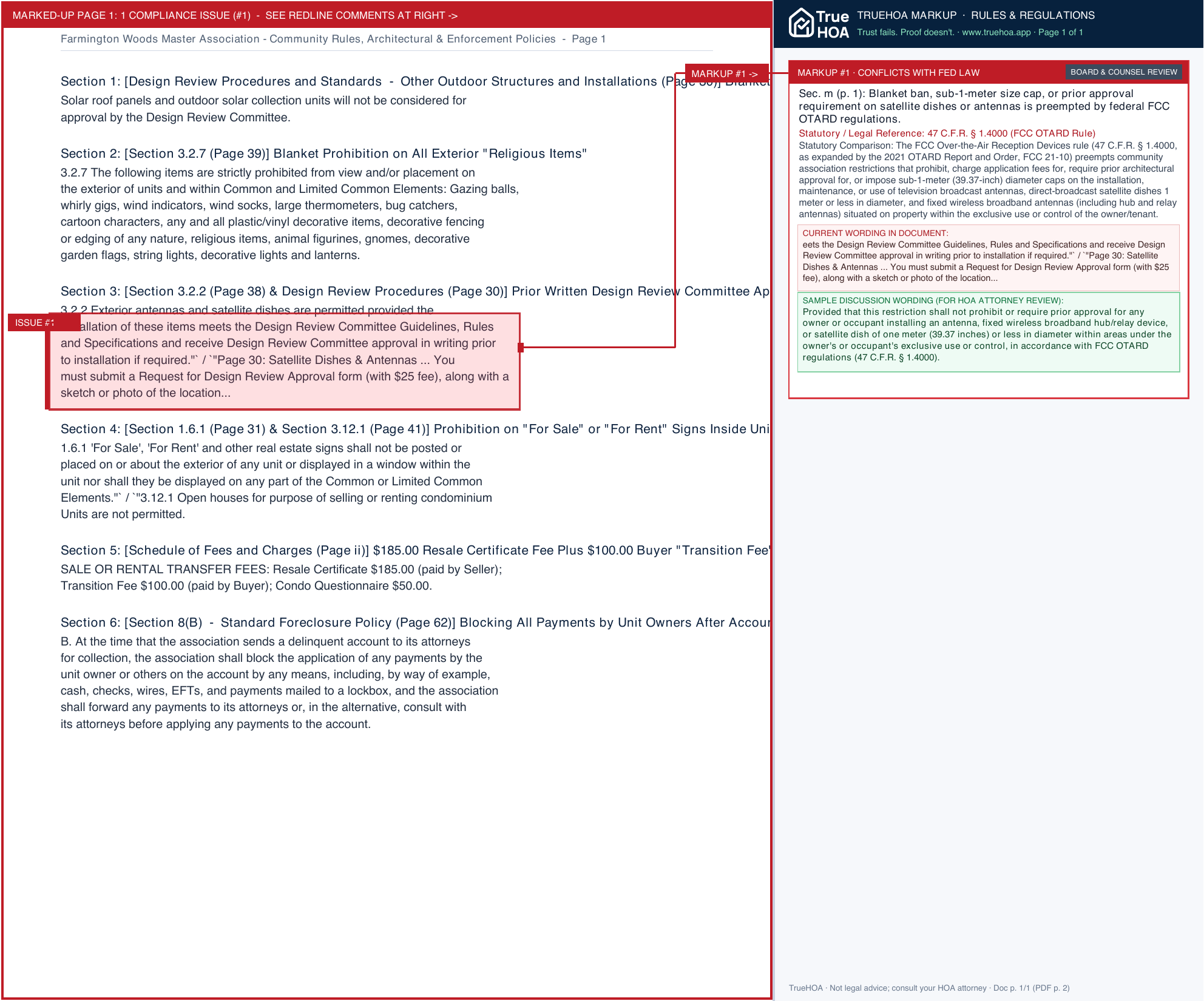 Farmington Woods Master Association Community Rules, Architectural & Enforcement Policies page 1 widened with TrueHOA Crystal AI margin annotations