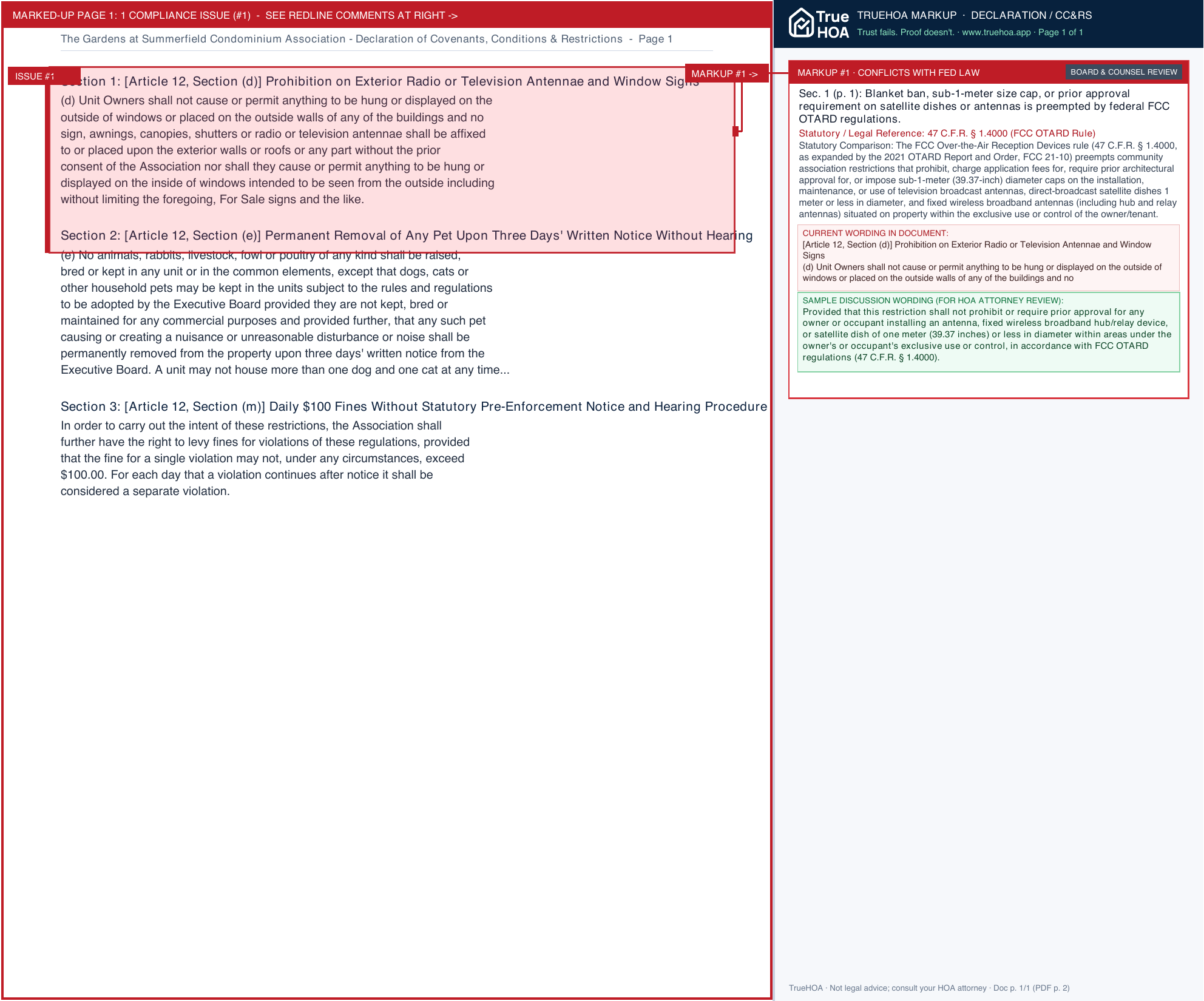The Gardens at Summerfield Condominium Association Declaration of Covenants, Conditions & Restrictions page 1 widened with TrueHOA Crystal AI margin annotations