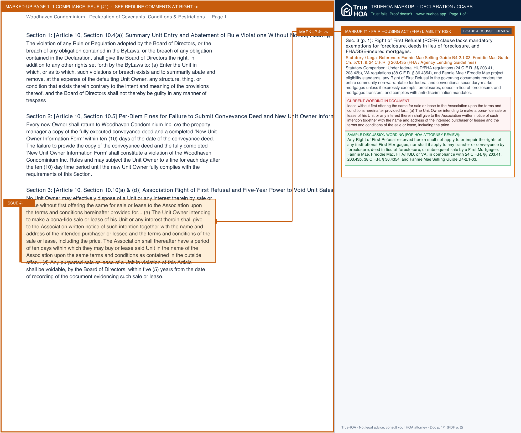 Woodhaven Condominium Declaration of Covenants, Conditions & Restrictions page 1 widened with TrueHOA Crystal AI margin annotations