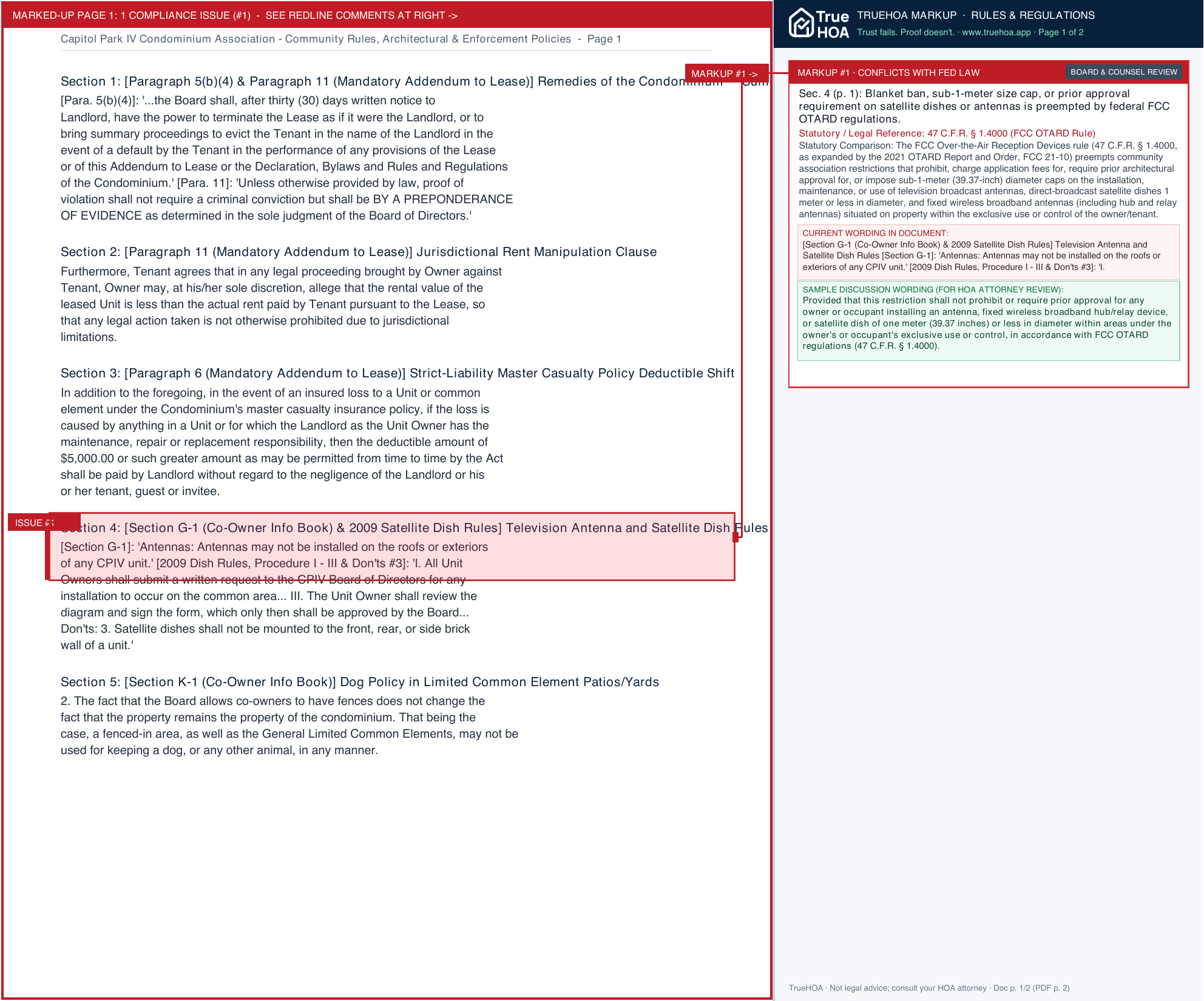 Capitol Park IV Condominium Association Community Rules, Architectural & Enforcement Policies page 1 widened with TrueHOA Crystal AI margin annotations