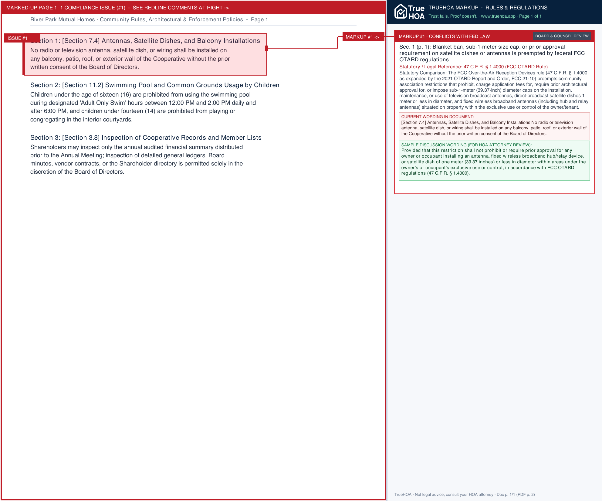 River Park Mutual Homes Community Rules, Architectural & Enforcement Policies page 1 widened with TrueHOA Crystal AI margin annotations