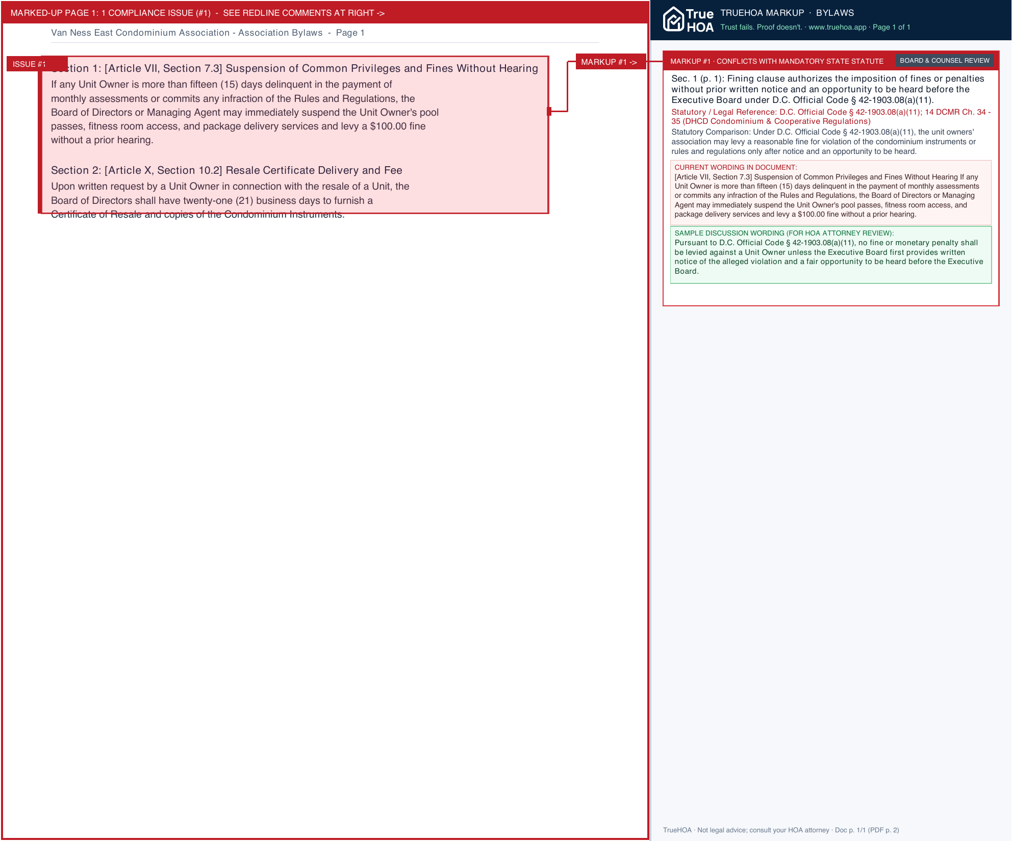 Van Ness East Condominium Association Association Bylaws page 1 widened with TrueHOA Crystal AI margin annotations