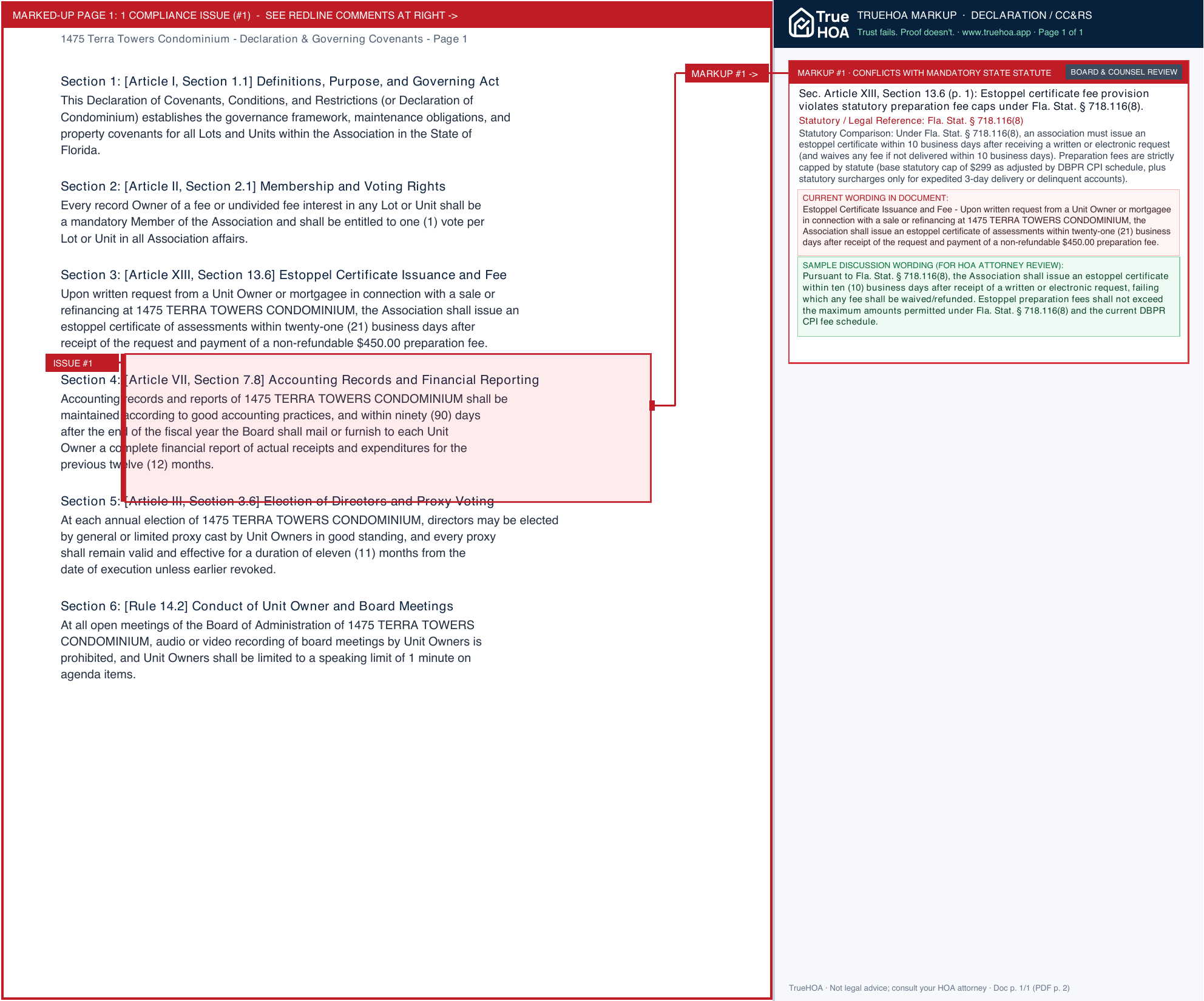 1475 Terra Towers Condominium Declaration & Governing Covenants page 1 widened with TrueHOA Crystal AI margin annotations