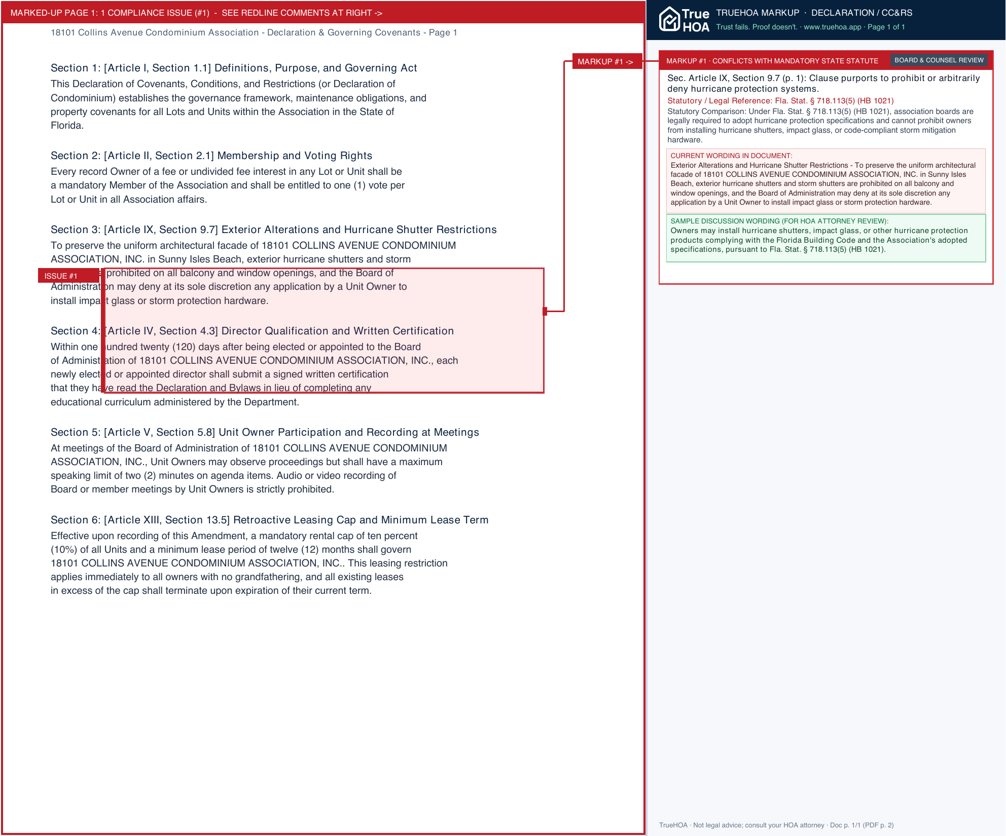 18101 Collins Avenue Condominium Association Declaration & Governing Covenants page 1 widened with TrueHOA Crystal AI margin annotations