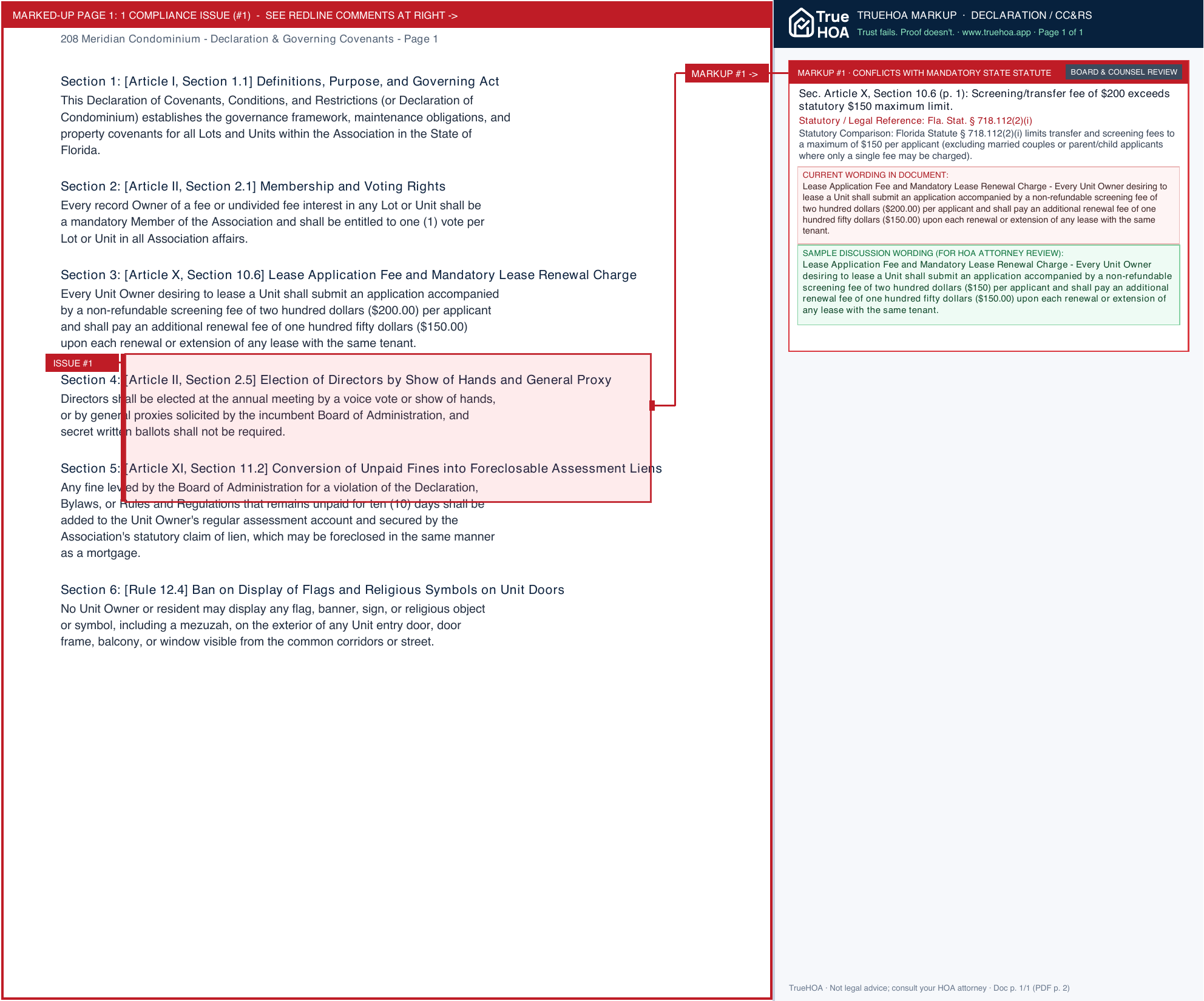 208 Meridian Condominium Declaration & Governing Covenants page 1 widened with TrueHOA Crystal AI margin annotations