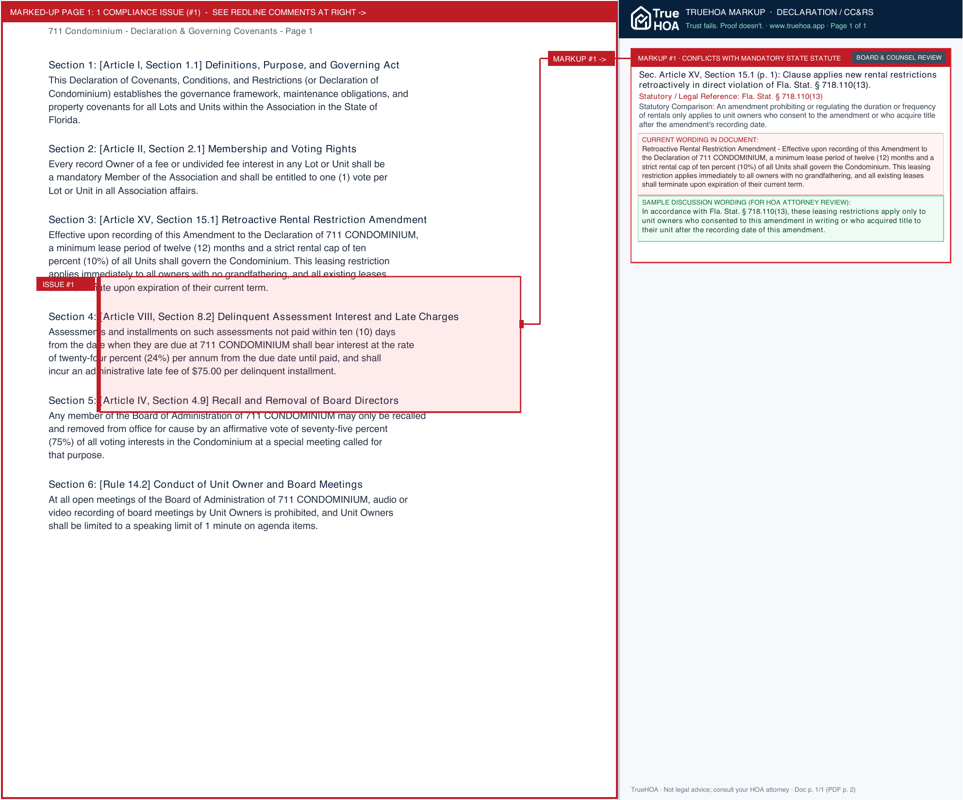 711 Condominium Declaration & Governing Covenants page 1 widened with TrueHOA Crystal AI margin annotations