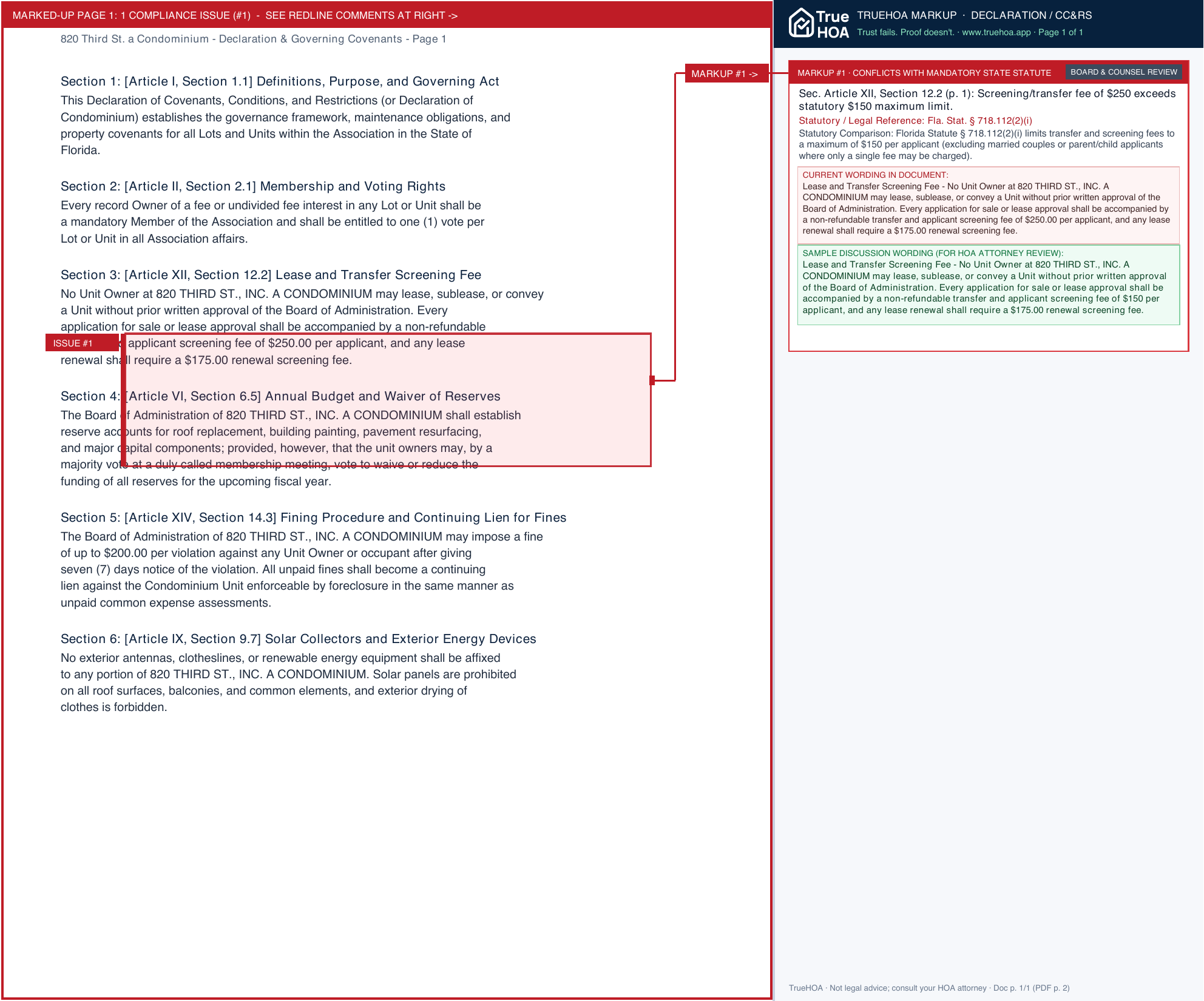 820 Third St. a Condominium Declaration & Governing Covenants page 1 widened with TrueHOA Crystal AI margin annotations
