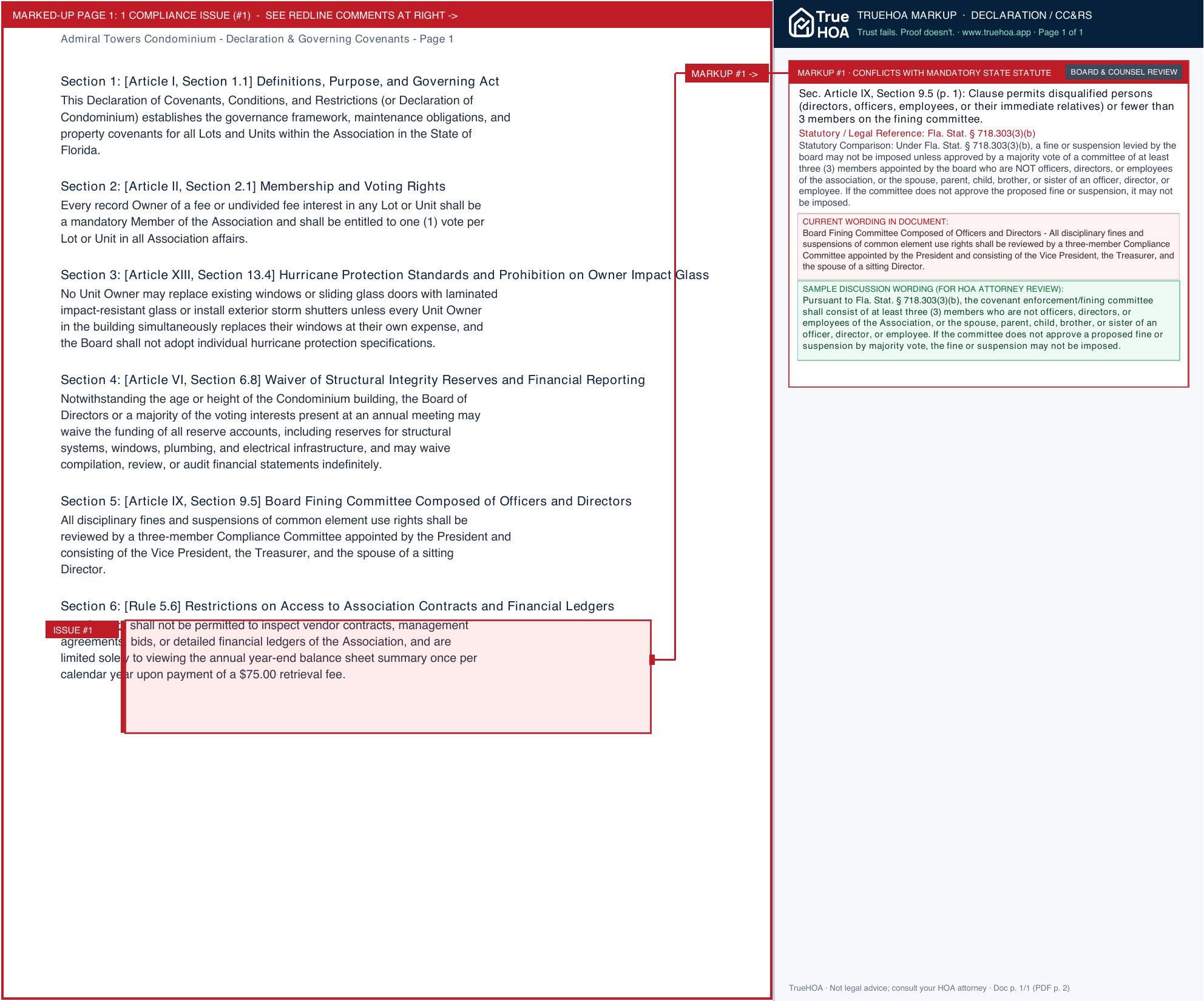 Admiral Towers Condominium Declaration & Governing Covenants page 1 widened with TrueHOA Crystal AI margin annotations
