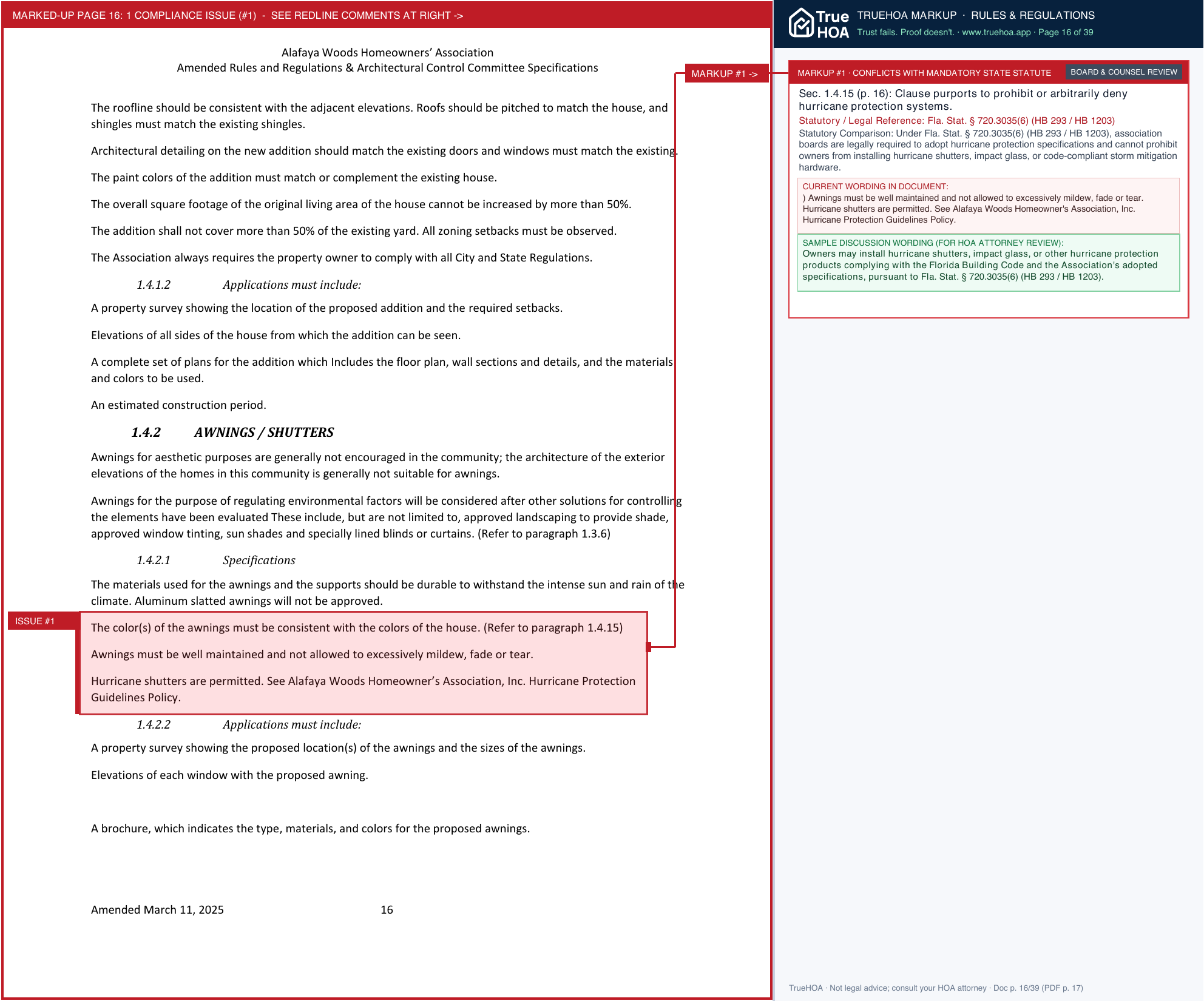 Alafaya Woods HOA Alafaya Rules And Regulations 2025 page 16 widened with TrueHOA Crystal AI margin annotations