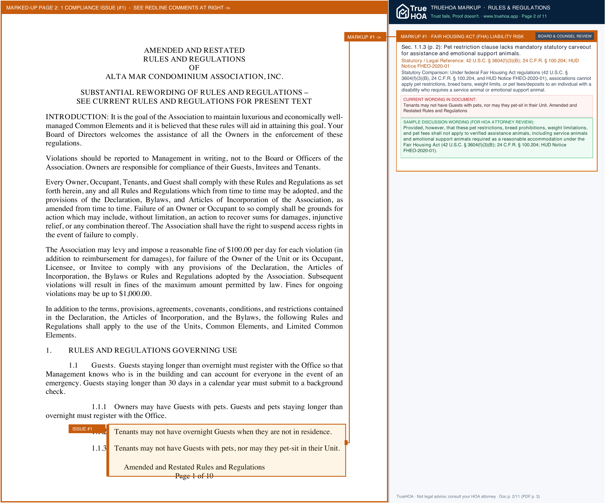 Alta Mar Condominium Association Rules & Regulations page 2 widened with TrueHOA Crystal AI margin annotations