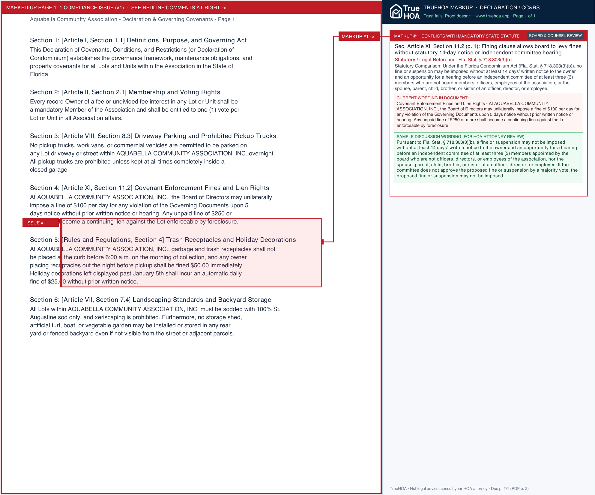 Aquabella Community Association Declaration & Governing Covenants page 1 widened with TrueHOA Crystal AI margin annotations