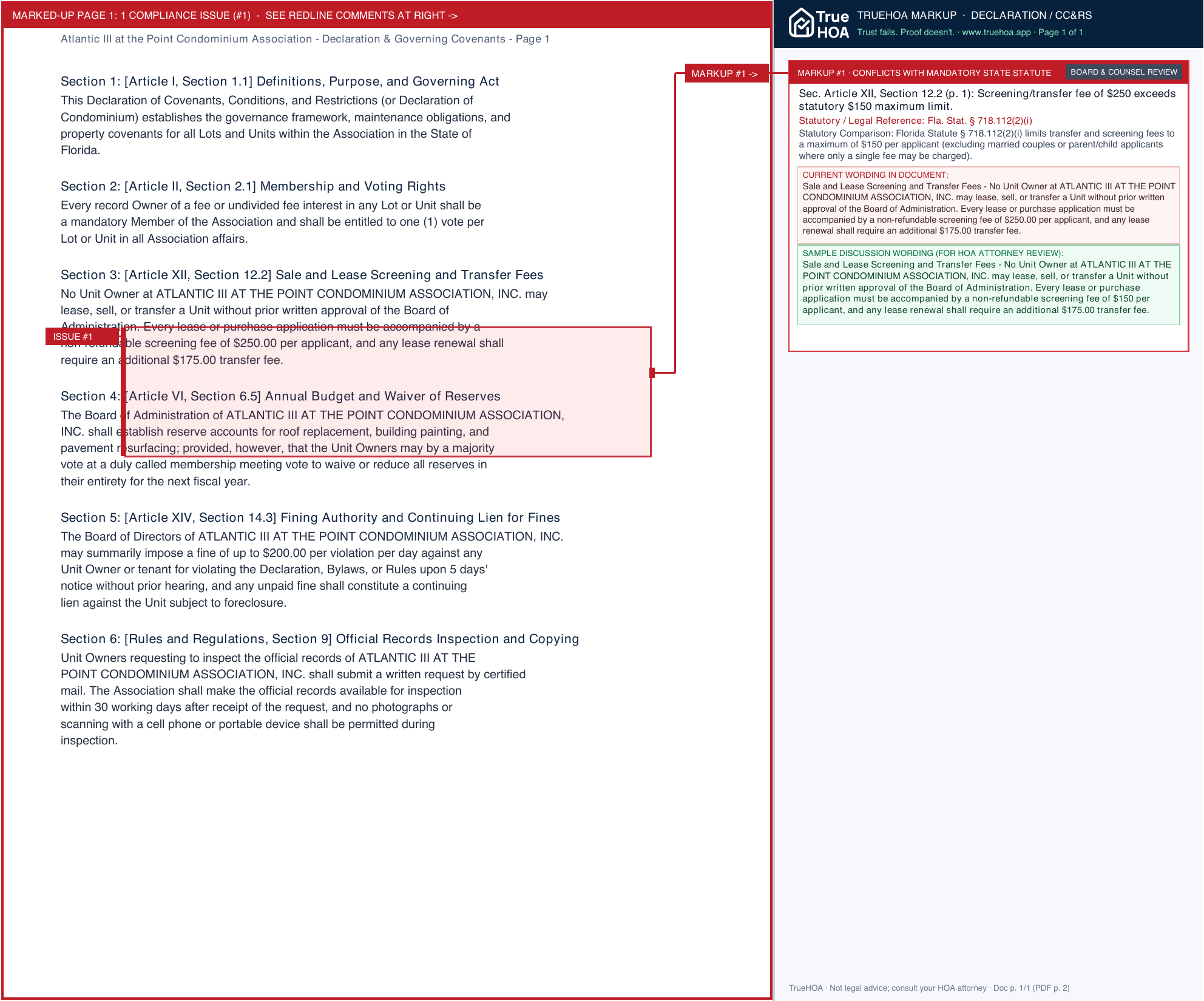 Atlantic III at the Point Condominium Association Declaration & Governing Covenants page 1 widened with TrueHOA Crystal AI margin annotations