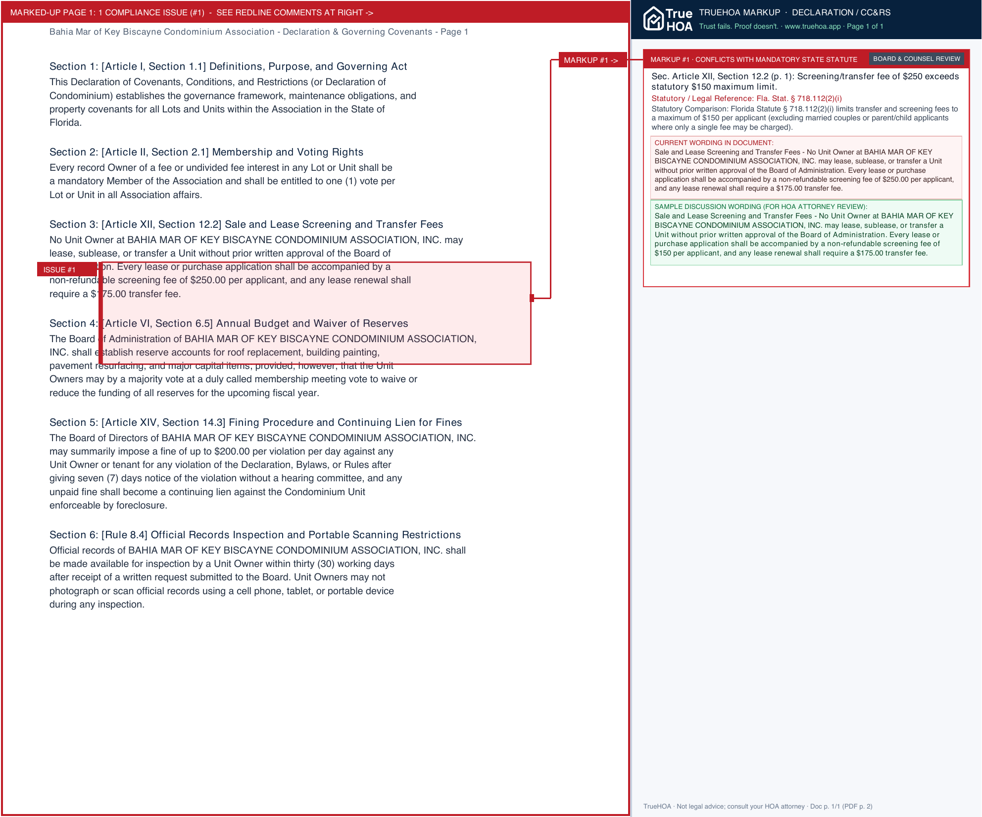 Bahia Mar of Key Biscayne Condominium Association Declaration & Governing Covenants page 1 widened with TrueHOA Crystal AI margin annotations