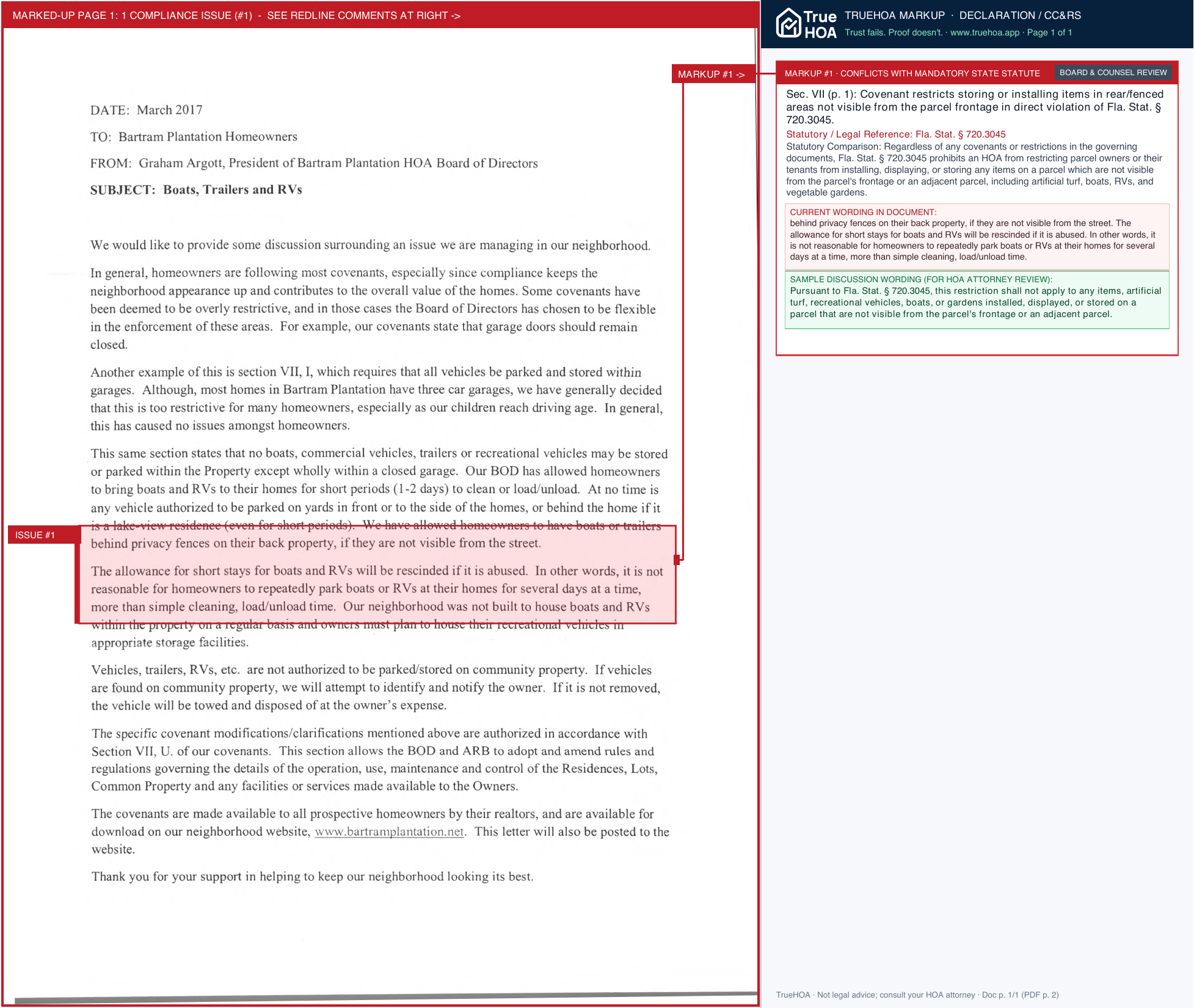 Bartram Plantation HOA Covenant Modification re Boats Trailers RVs page 1 widened with TrueHOA Crystal AI margin annotations