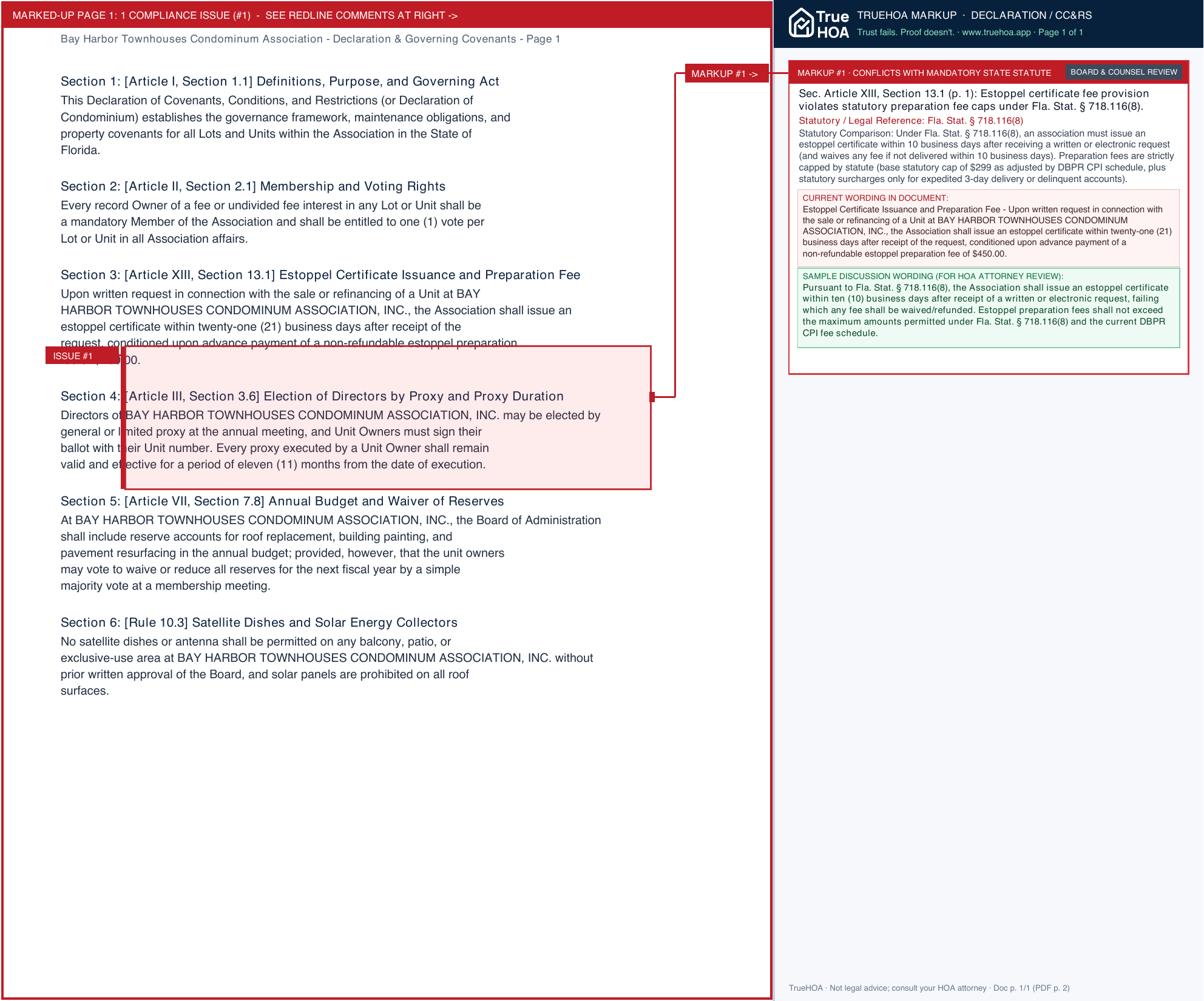 Bay Harbor Townhouses Condominum Association Declaration & Governing Covenants page 1 widened with TrueHOA Crystal AI margin annotations