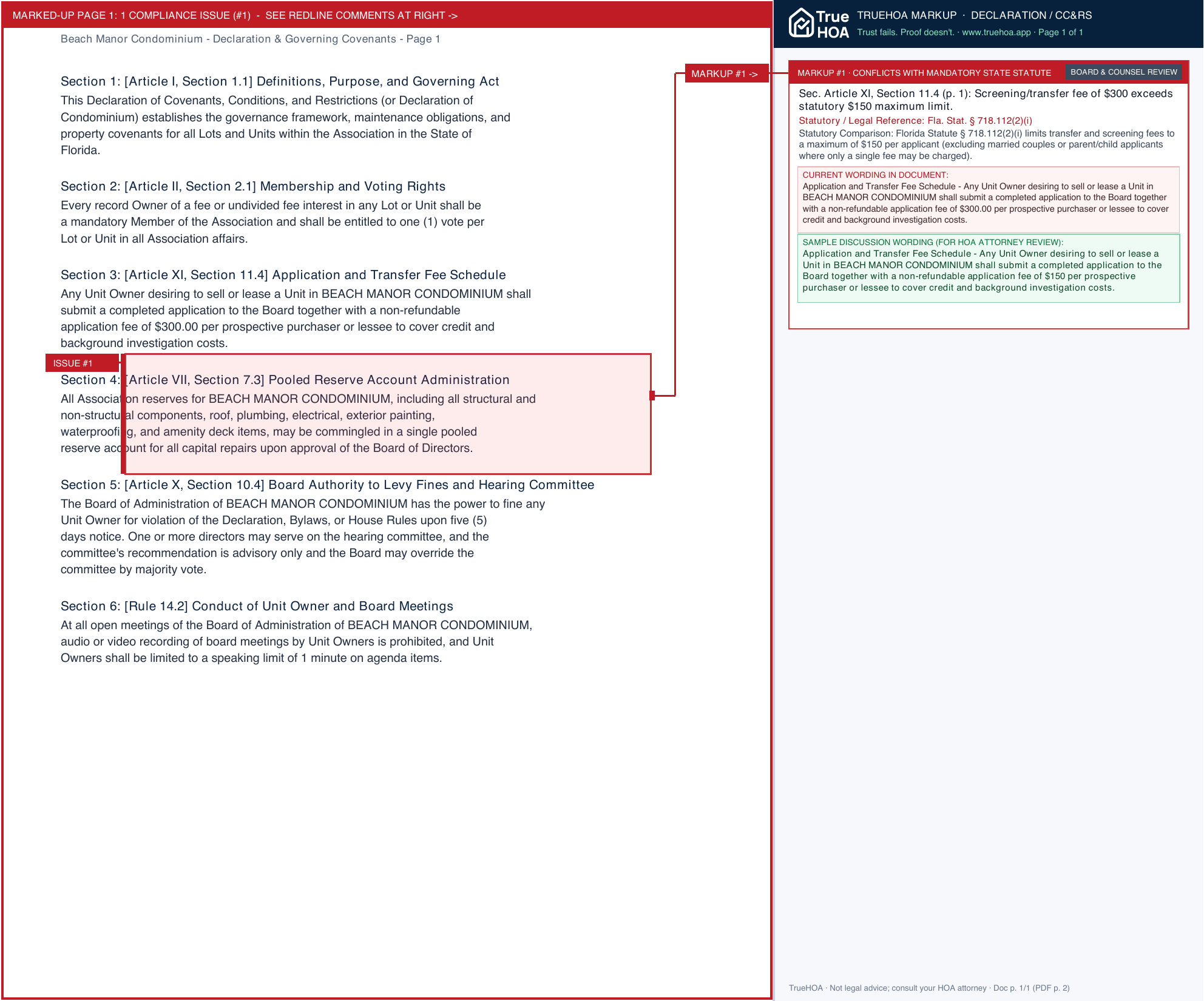 Beach Manor Condominium Declaration & Governing Covenants page 1 widened with TrueHOA Crystal AI margin annotations