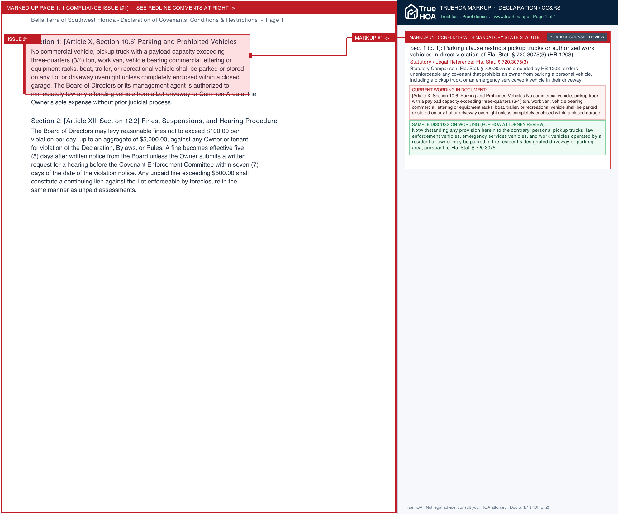 Bella Terra of Southwest Florida Declaration of Covenants, Conditions & Restrictions page 1 widened with TrueHOA Crystal AI margin annotations