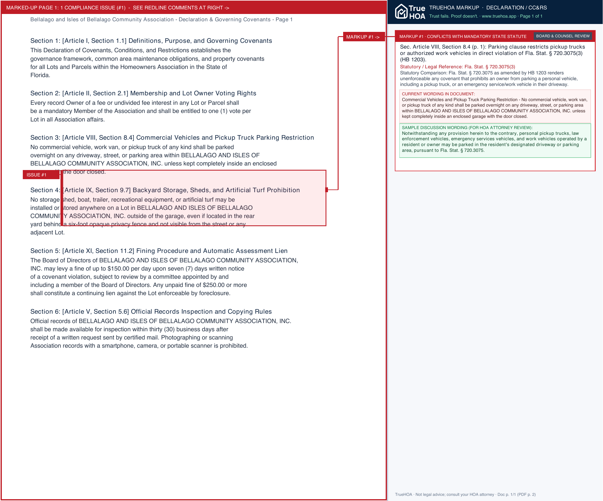 Bellalago and Isles of Bellalago Community Association Declaration & Governing Covenants page 1 widened with TrueHOA Crystal AI margin annotations