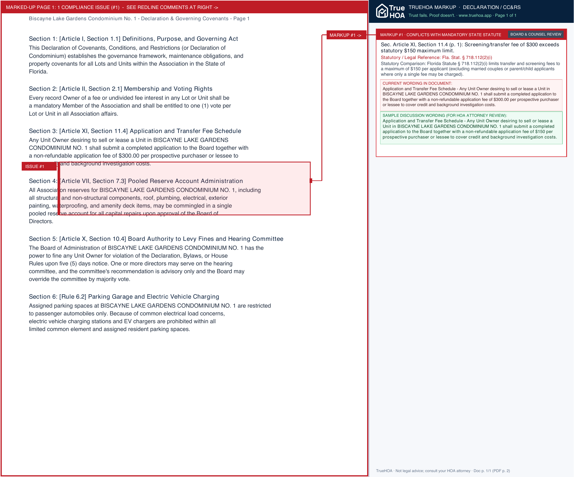 Biscayne Lake Gardens Condominium No. 1 Declaration & Governing Covenants page 1 widened with TrueHOA Crystal AI margin annotations