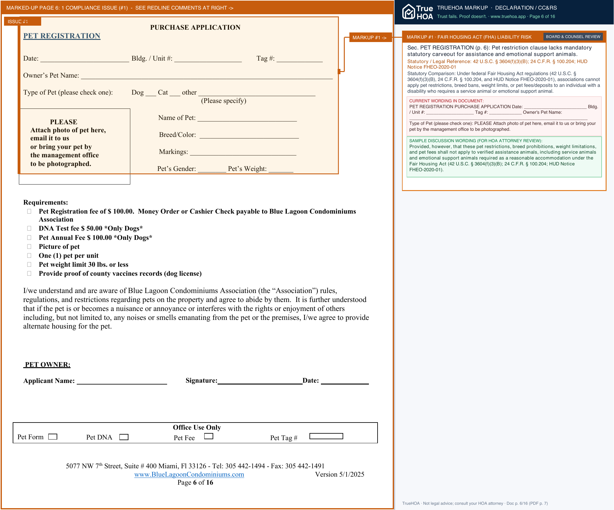 Blue Lagoon Condominium Association BLC Purchase Application Package page 6 widened with TrueHOA Crystal AI margin annotations