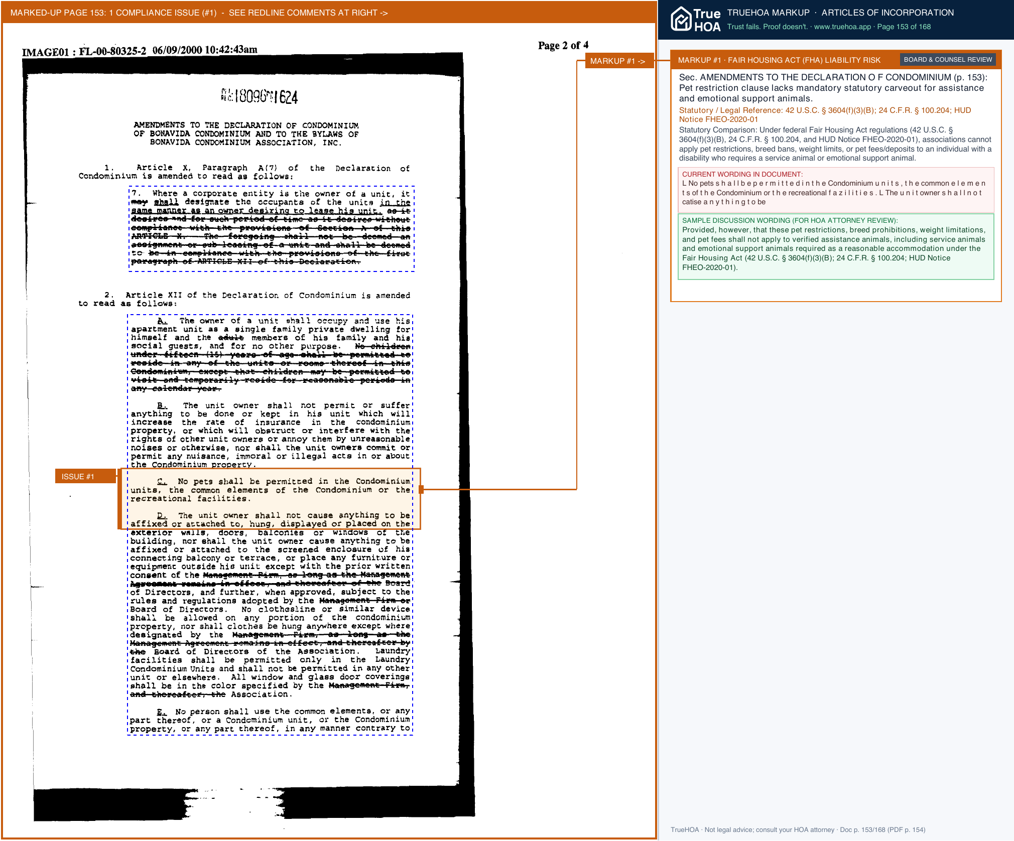 Bonavida Condominium Association Documents Bonavida with Amendments page 153 widened with TrueHOA Crystal AI margin annotations