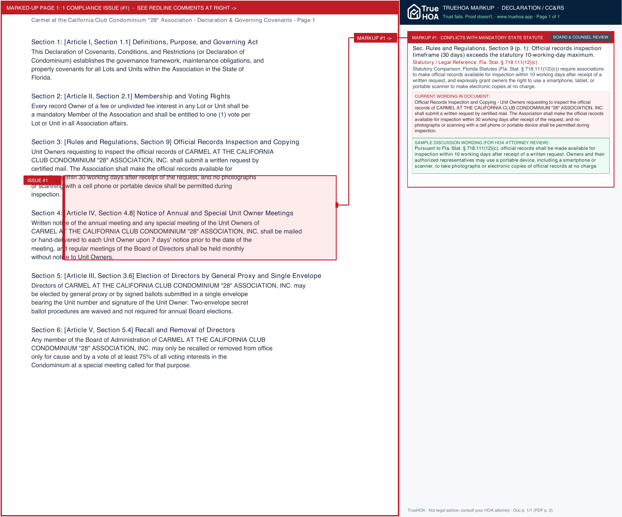 Carmel at the California Club Condominium "28" Association Declaration & Governing Covenants page 1 widened with TrueHOA Crystal AI margin annotations