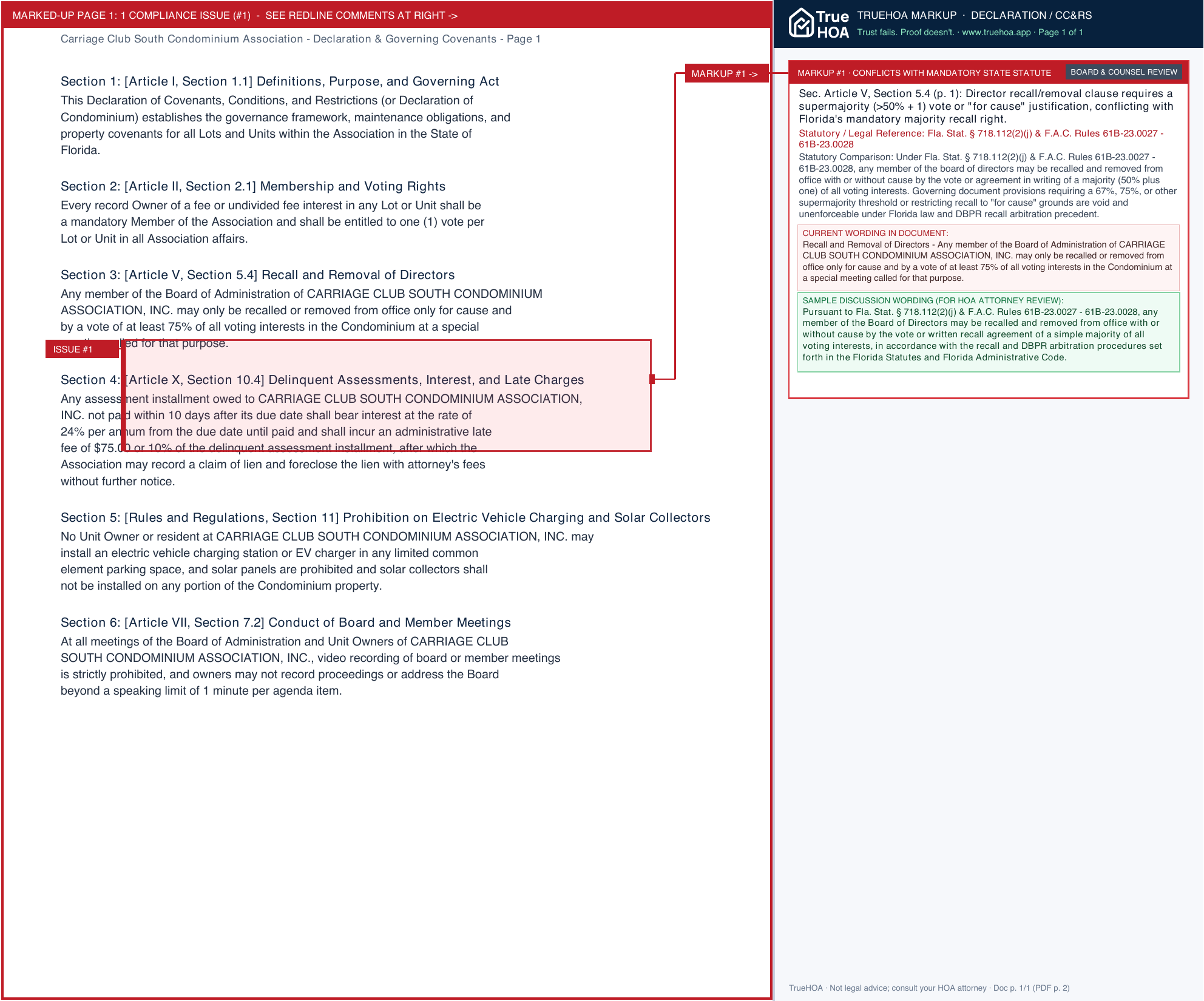 Carriage Club South Condominium Association Declaration & Governing Covenants page 1 widened with TrueHOA Crystal AI margin annotations