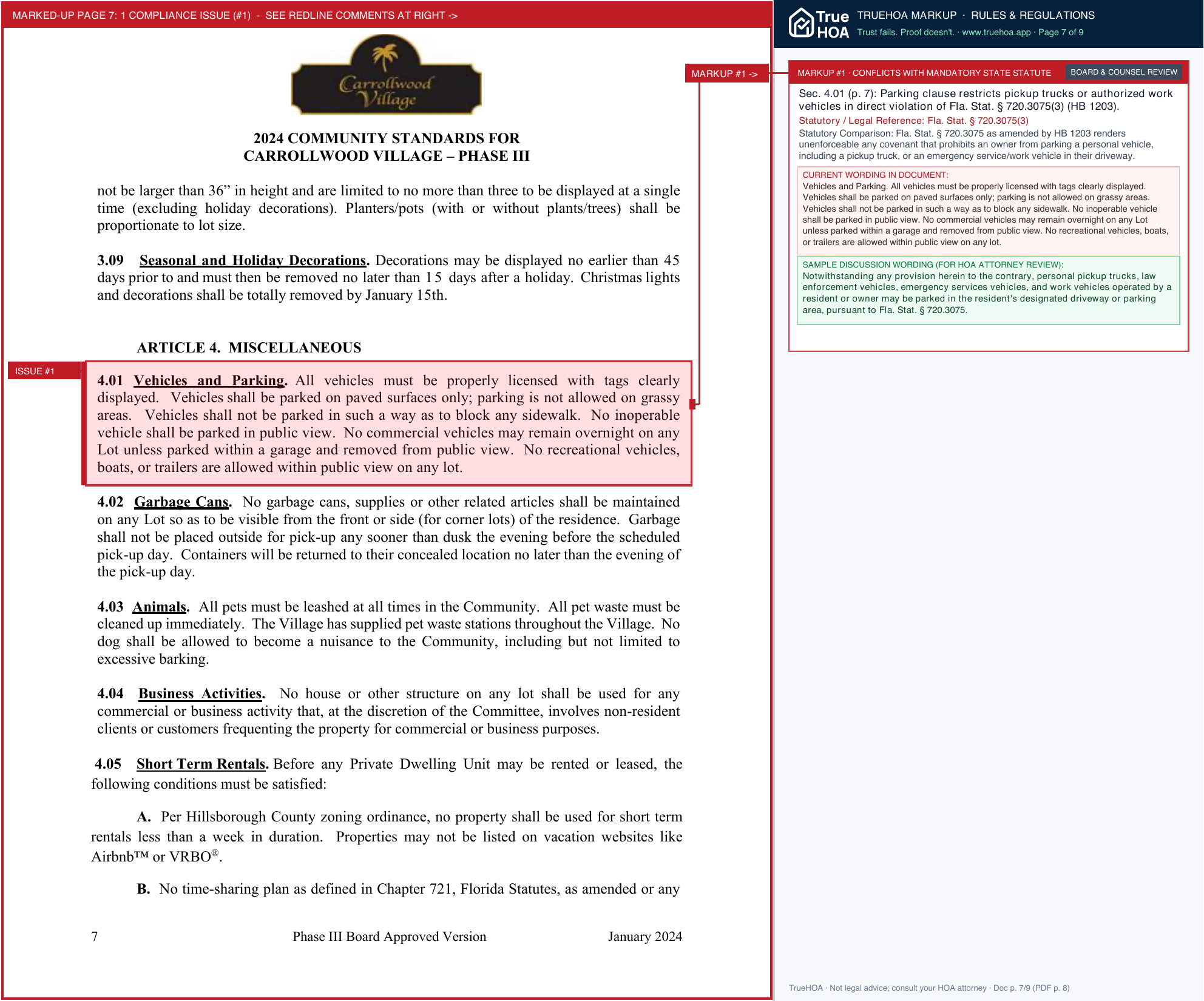 Carrollwood Village Phase III HOA Phase3 Community Standards 2024 final page 7 widened with TrueHOA Crystal AI margin annotations